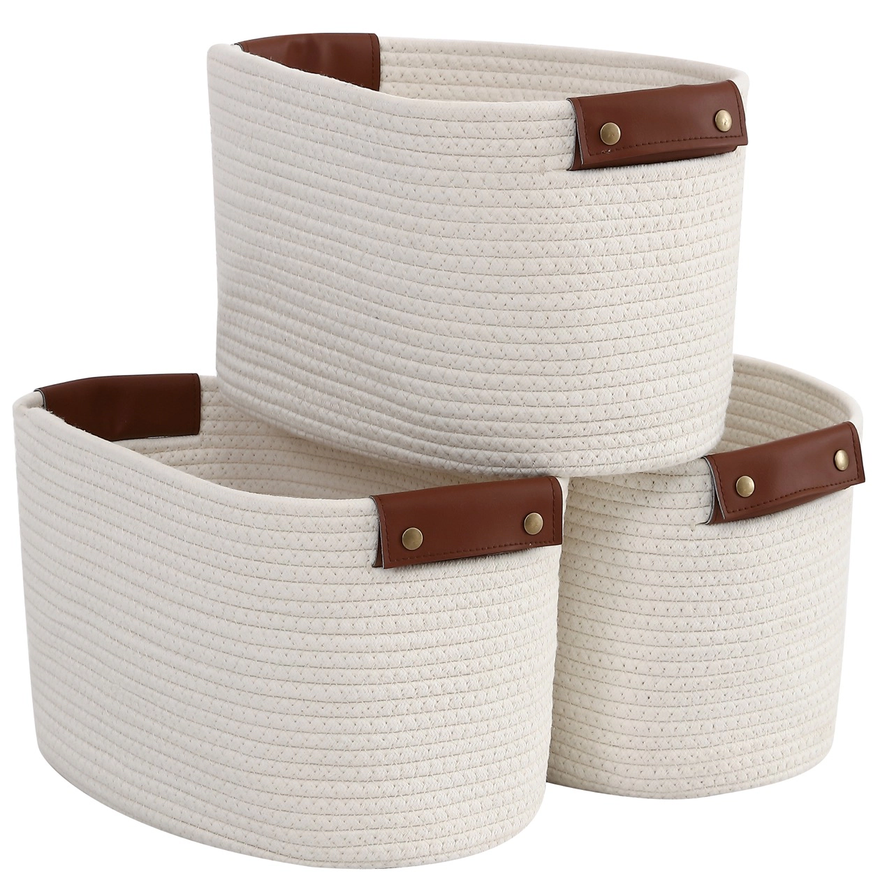 Ornavo Home 3 Pack Cotton Rope Shelf Basket with Faux Leather Handles - 15" x 10" 9"