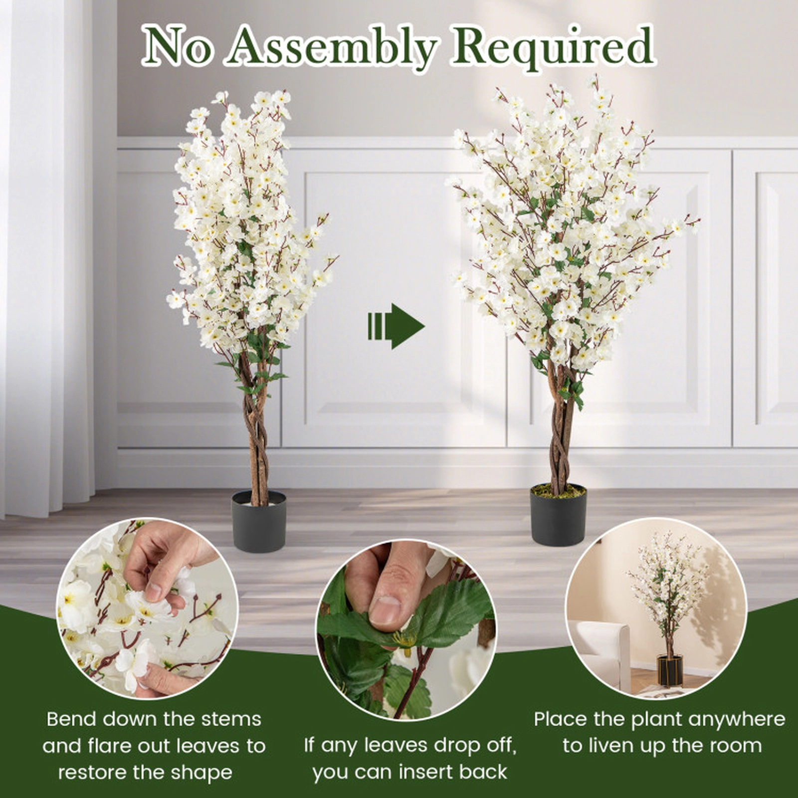 SUGIFT 47-in Fabric Flowers Solid Wood Trunk Cement Filled Pot Faux Plum Blossom Tree 6-in x 5-in Pot 9-lb White