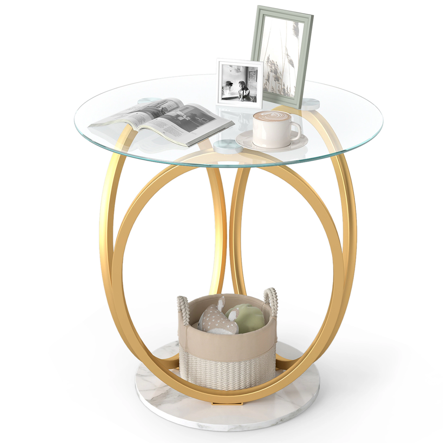 LJG Round End Table Faux Marble Side Table with Tempered Glass Tabletop