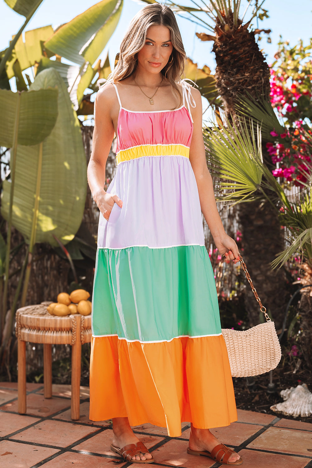 Threaded Pear Women's Cassandra Colorblock Self-tie High Waist Maxi Dress