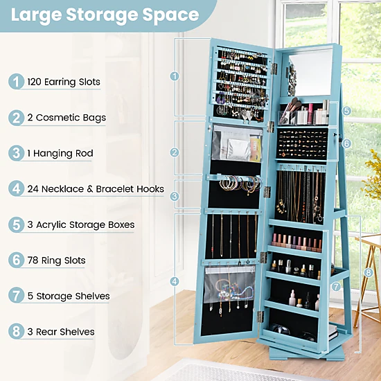 SlickBlue Rotating Mirror Jewelry Cabinet With Storarage 
