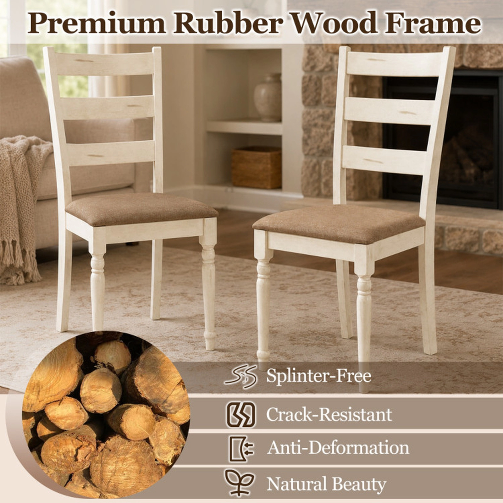 SUGIFT Rubber Wood Dining Chairs Set of 2 with Padded Linen Seat and Slatted Backrest 330-lb Capacity White Brown