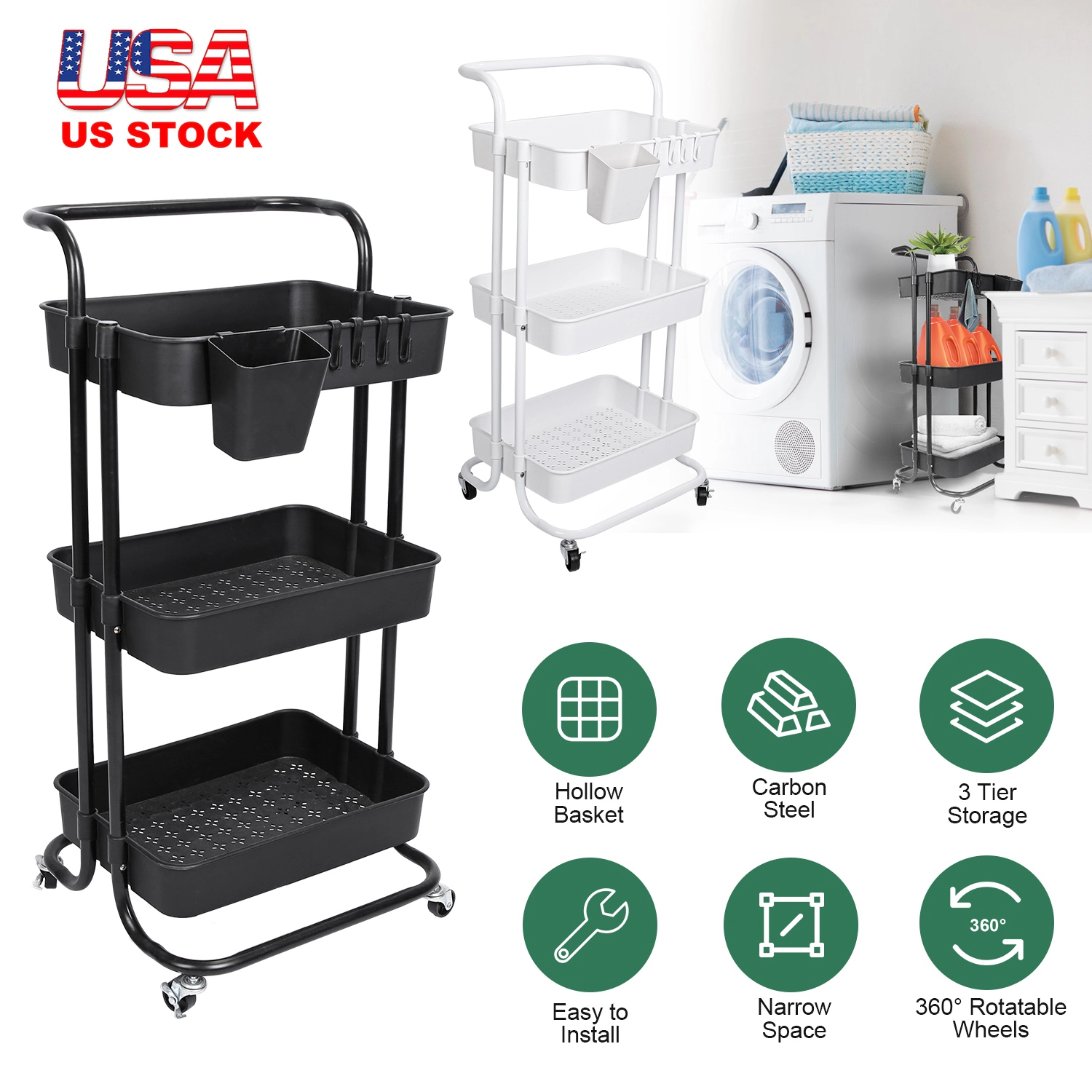 GBruno 3-Tier Rolling Utility Cart With Mesh Baskets
