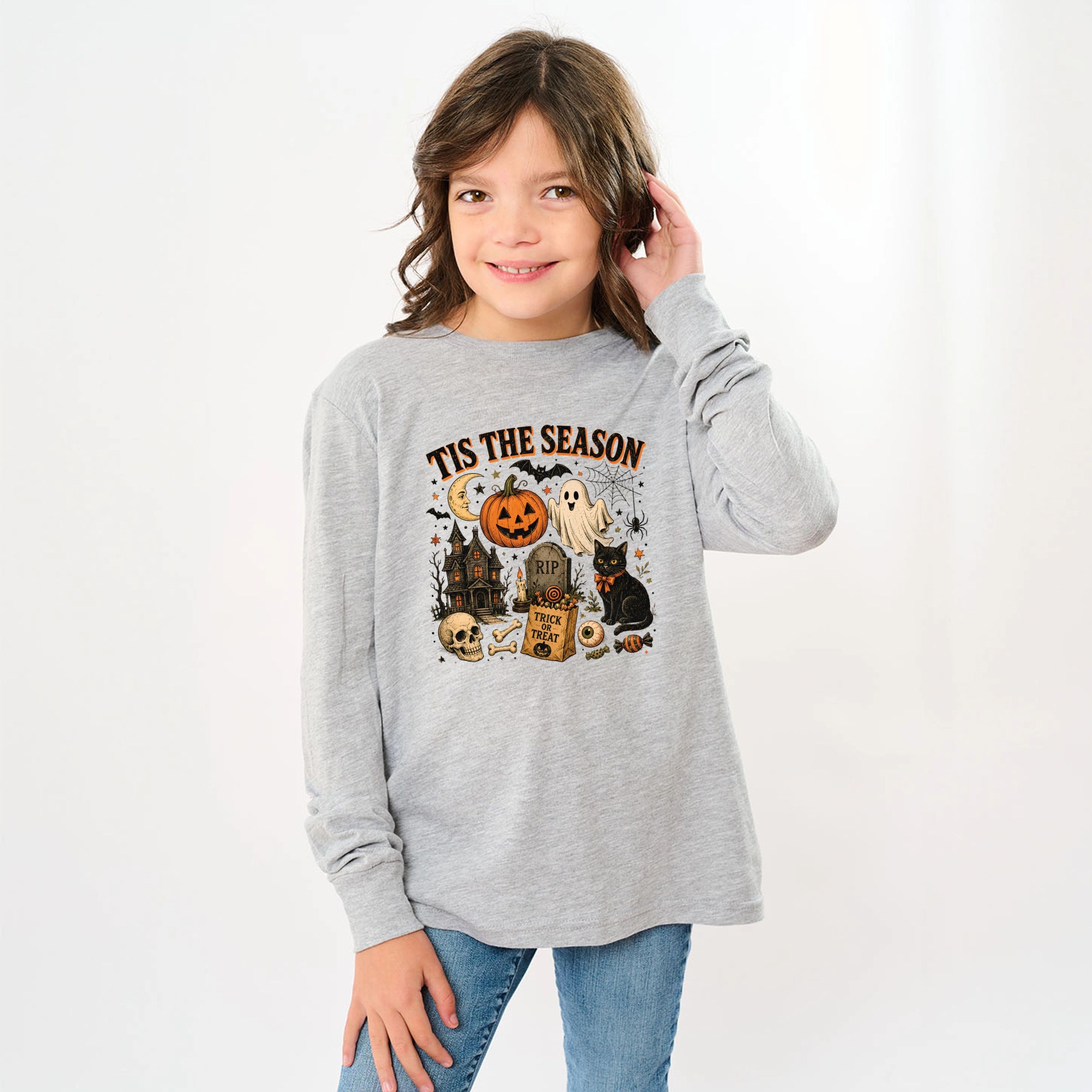The Juniper Shop - Youth Long Sleeve Graphic T-Shirt Tis Season Haloween Collage