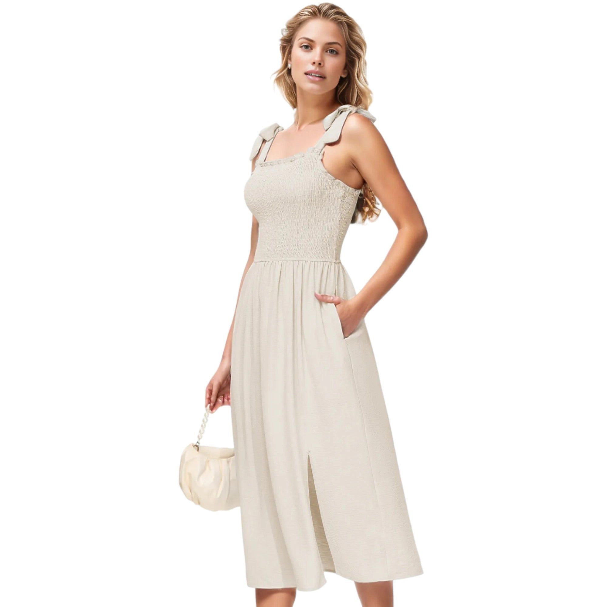 Anna-Kaci Women's Boho Sleeveless Tie Shoulder Straps Square Neck Smocked Split Tunic Dress