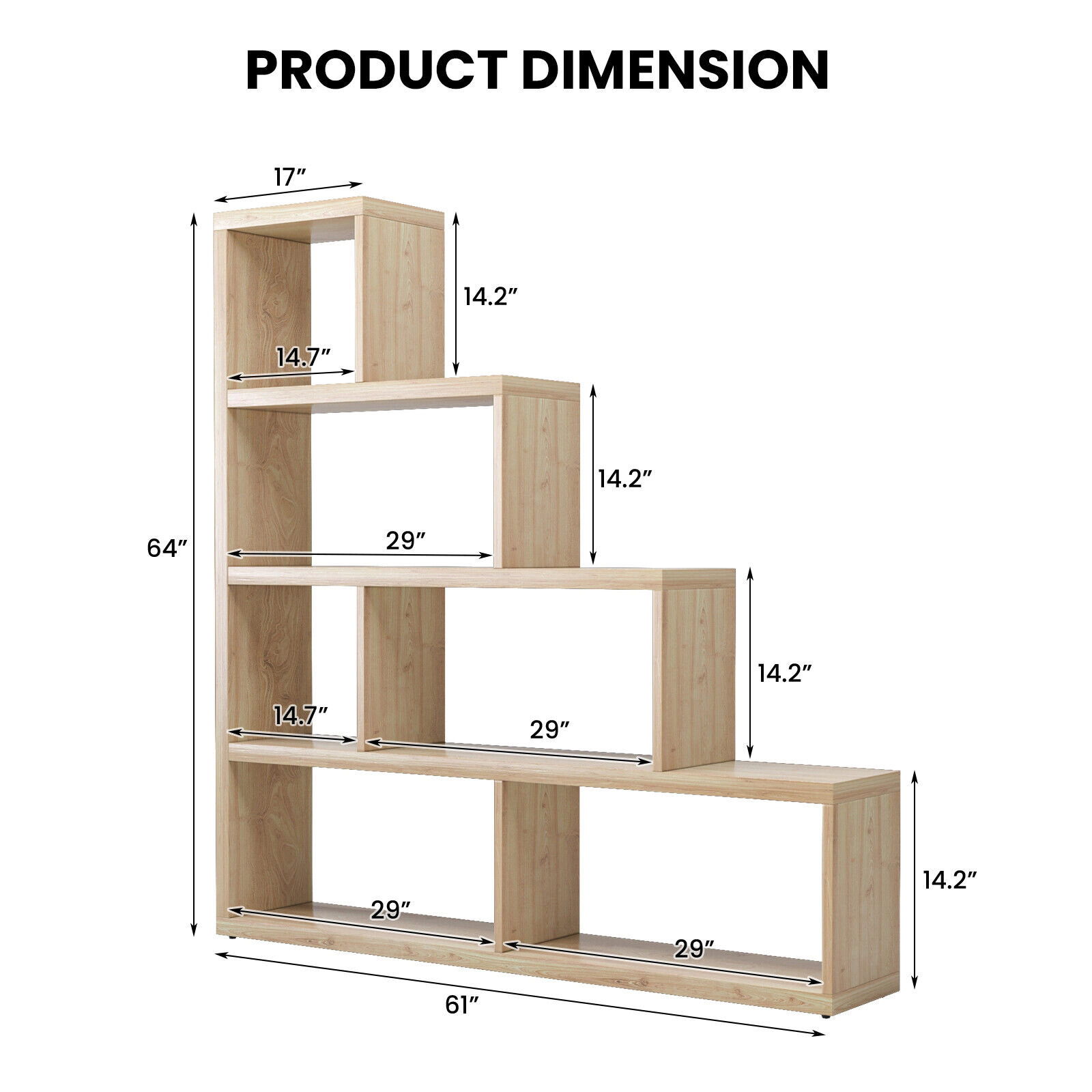SUGIFT 4-Tier Geometric Stair Bookcase with 6 Open Cubes 400-lb Capacity Engineered Wood 60-in Tall Natural