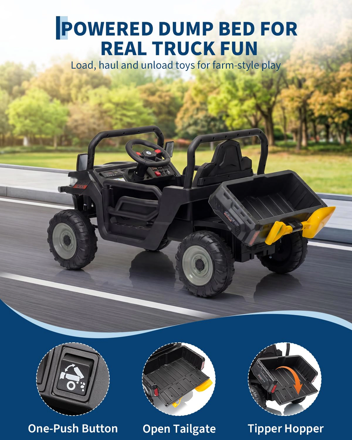12V Kids Ride On Dump Truck with Parent Remote Control, Electric Farm Powered Bed and LED Lights