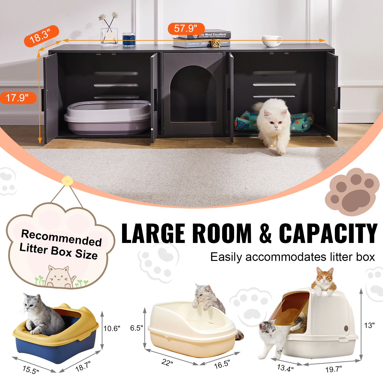 HONGGE Cat Litter Box Enclosure for 2 Cats Litter Box Furniture Hidden with Wooden Cat Box Cabinet Fit Most of Litter