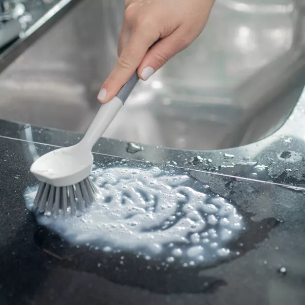 OU Cleaning Scrub Brush, Heavy Duty Cleaning Brush for Bathroom & Kitchen, Nonslip Silicone Grip Handle Built-In Scraper