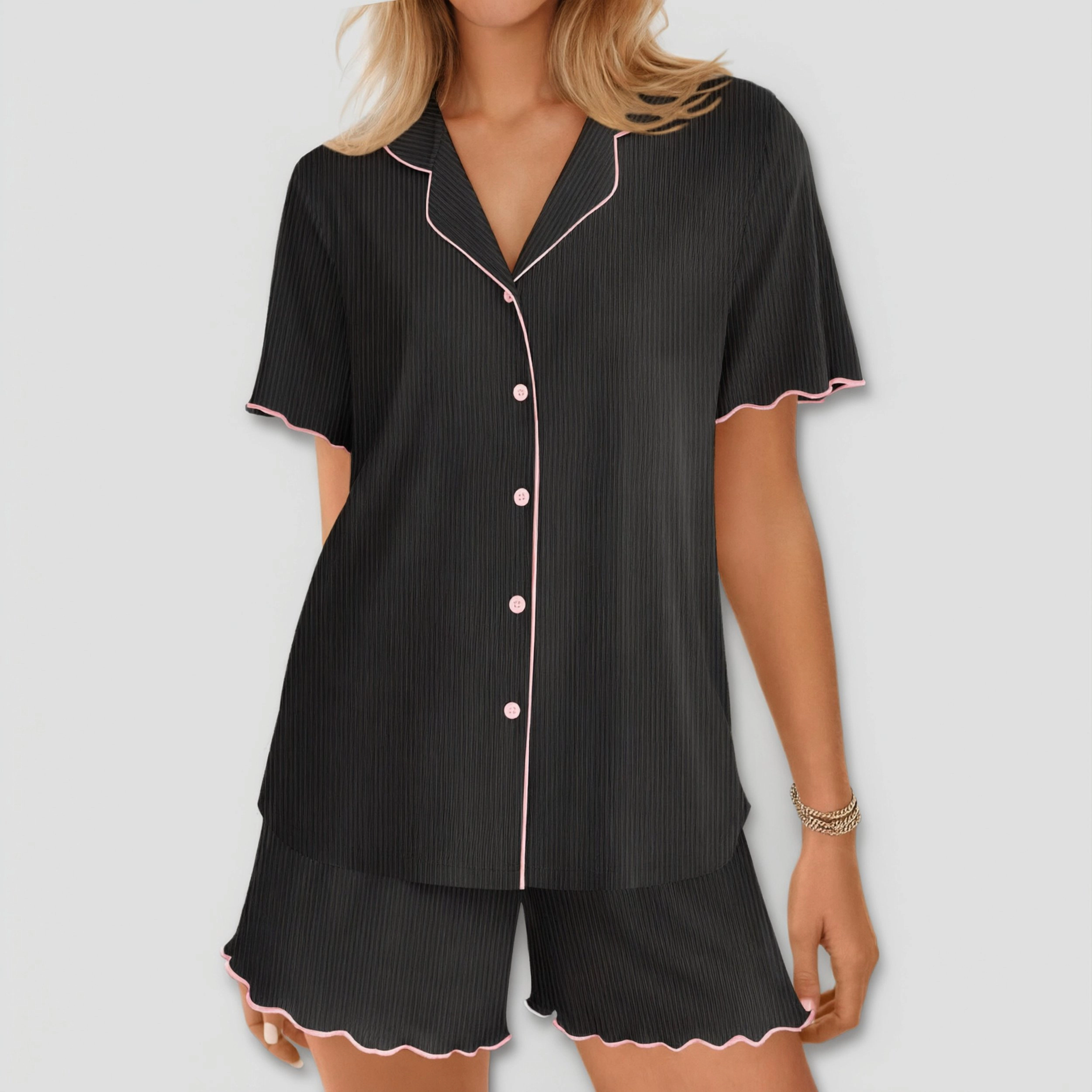 Ekouaer Button Up Pajamas Set for Women Short Sleeve Ribbed Knit Sleepwear 2 Piece Pjs Shorts