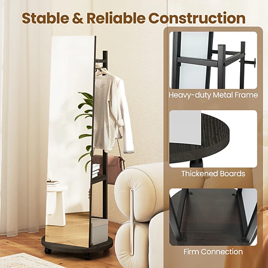 Hivvago Coat Rack With Full Length Mirror Freestanding Coat Tree With 3 Hooks