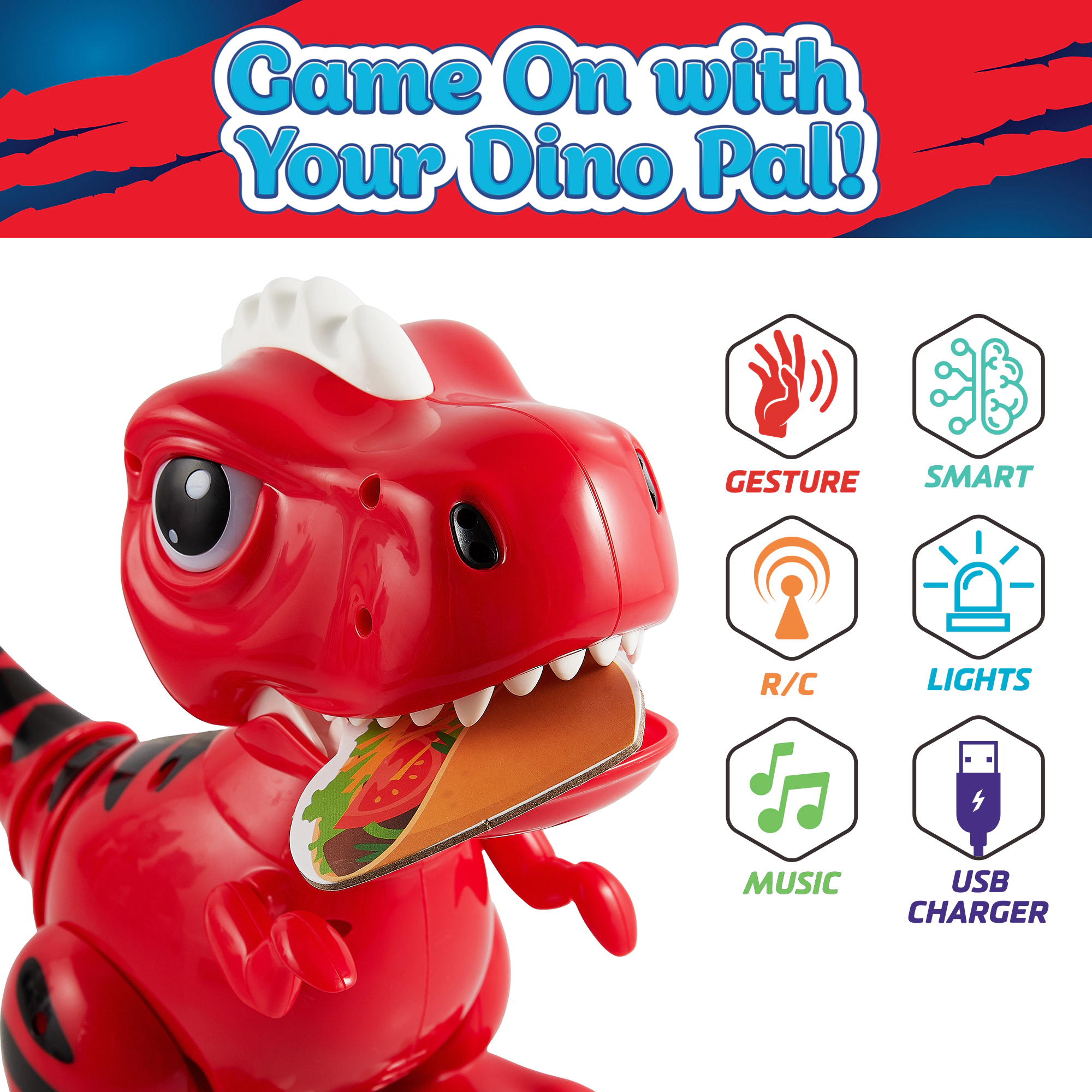 USA Toyz RedRobo Pets Red T-Rex Dinosaur, RC Hand Gestures, LED Eyes Dino Toys for Kids