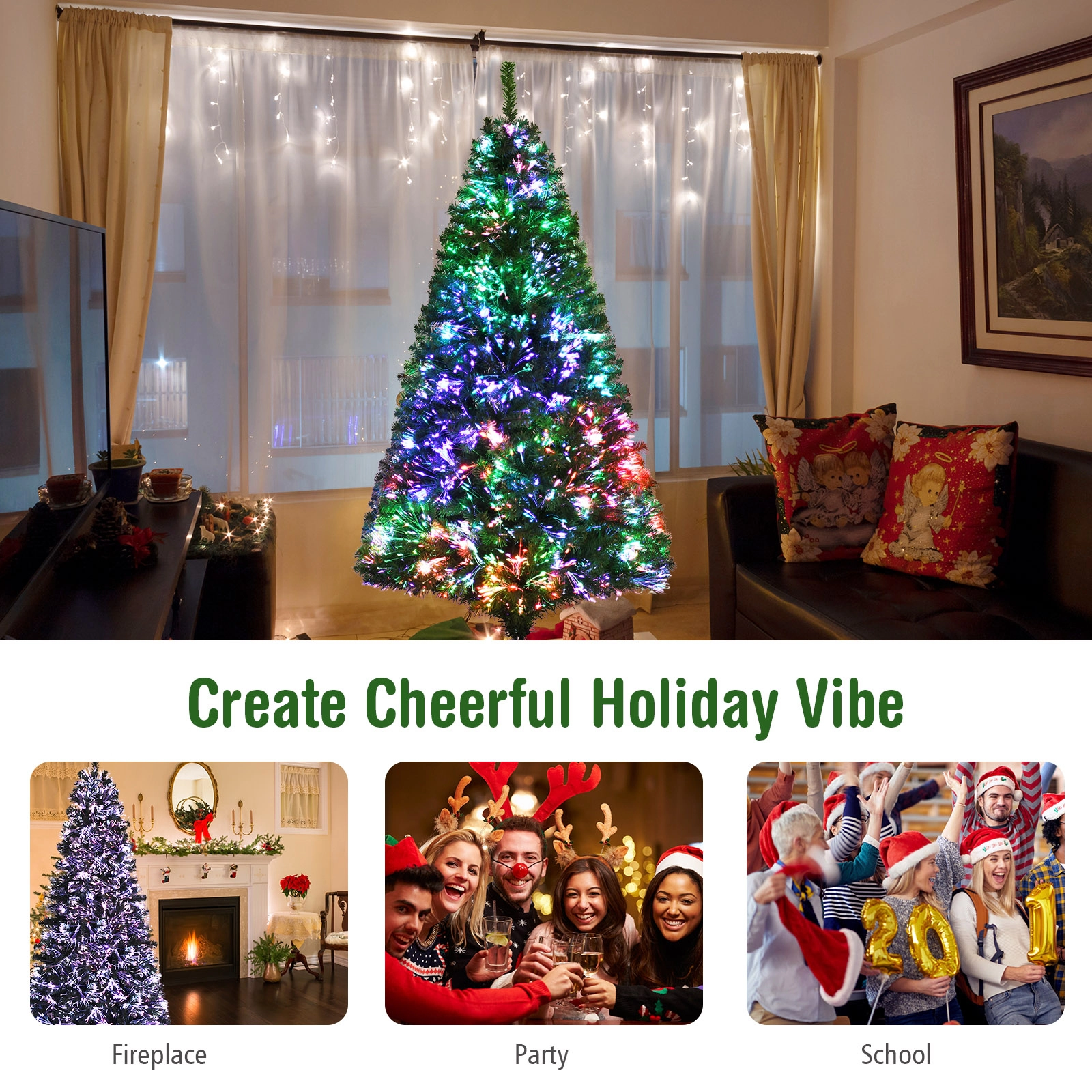 SUGIFT 6 ft Fiber Optic Christmas Tree Pre-Lit Green Spruce with 617 Branch Tips