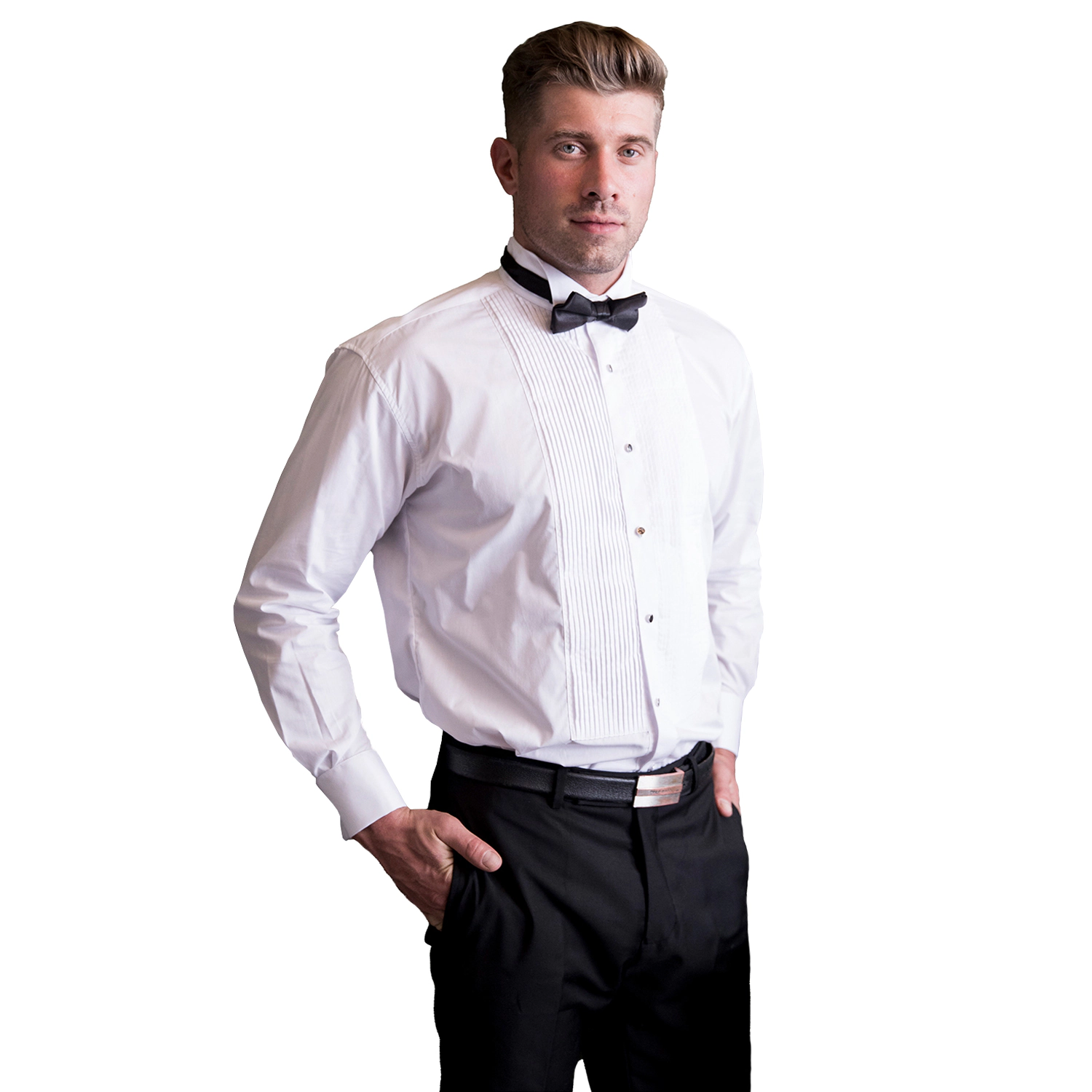Gioberti Men's Wing Tip Collar White Tuxedo Dress Shirt with Bow Tie