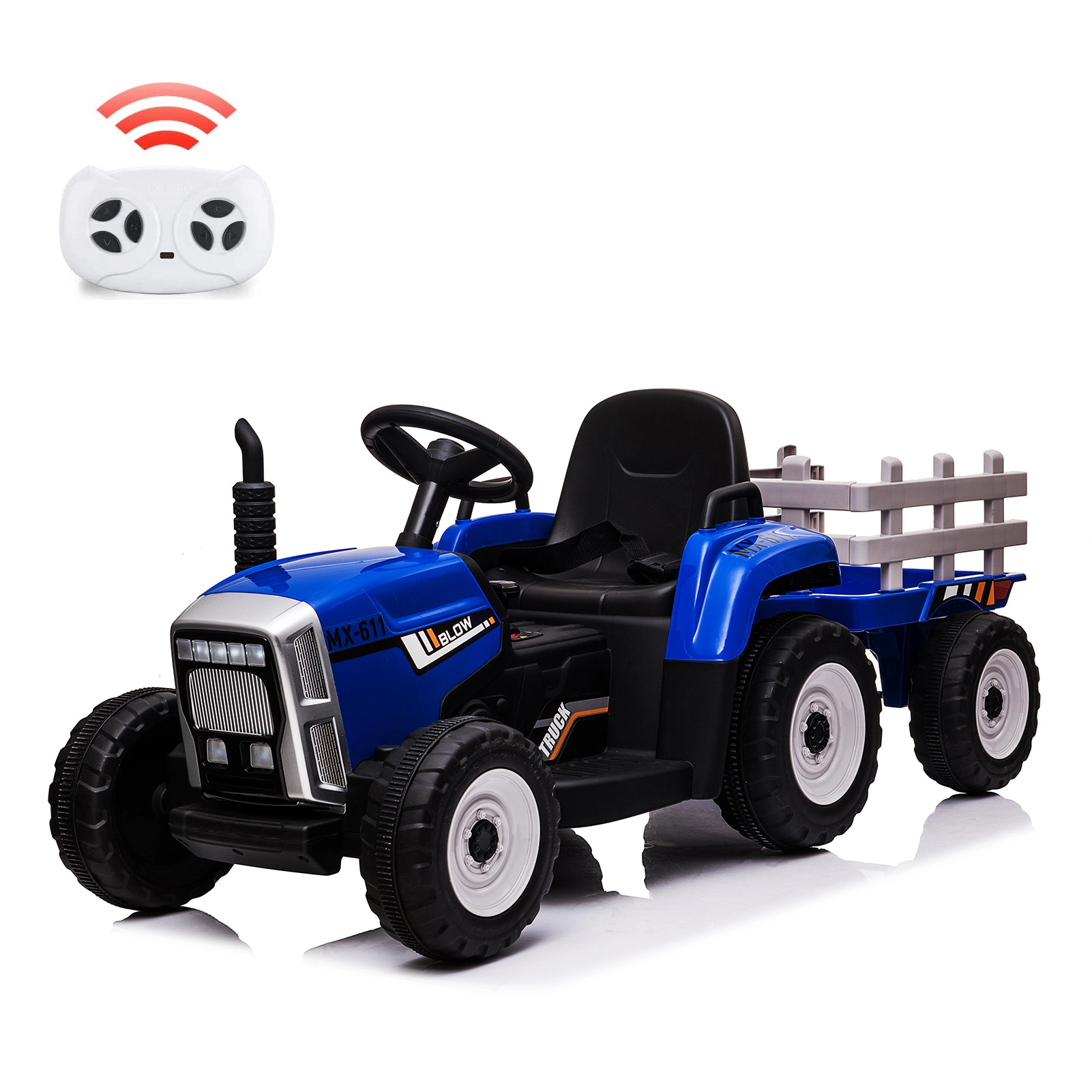 12V Kids Electric Tractor with Trailer, Ride On Car w/Remote, 7-LED Lights, 3-Speed Shift, MP3/USB, EVA Tires,35W