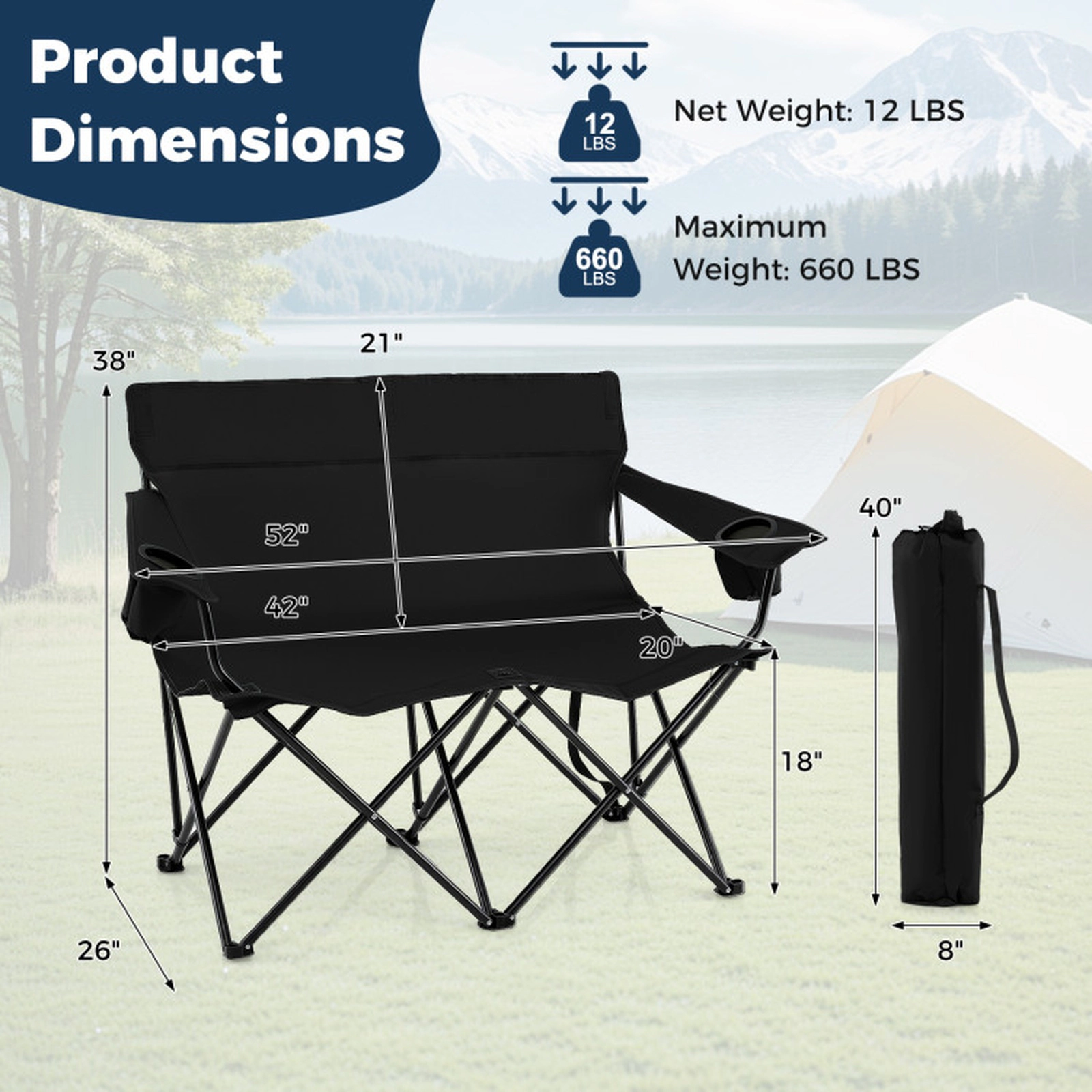 SUGIFT 2-Person Folding Loveseat Camping Chair 660-lb Capacity with Cup Holders 18-in Seat Height Blue Black Gray