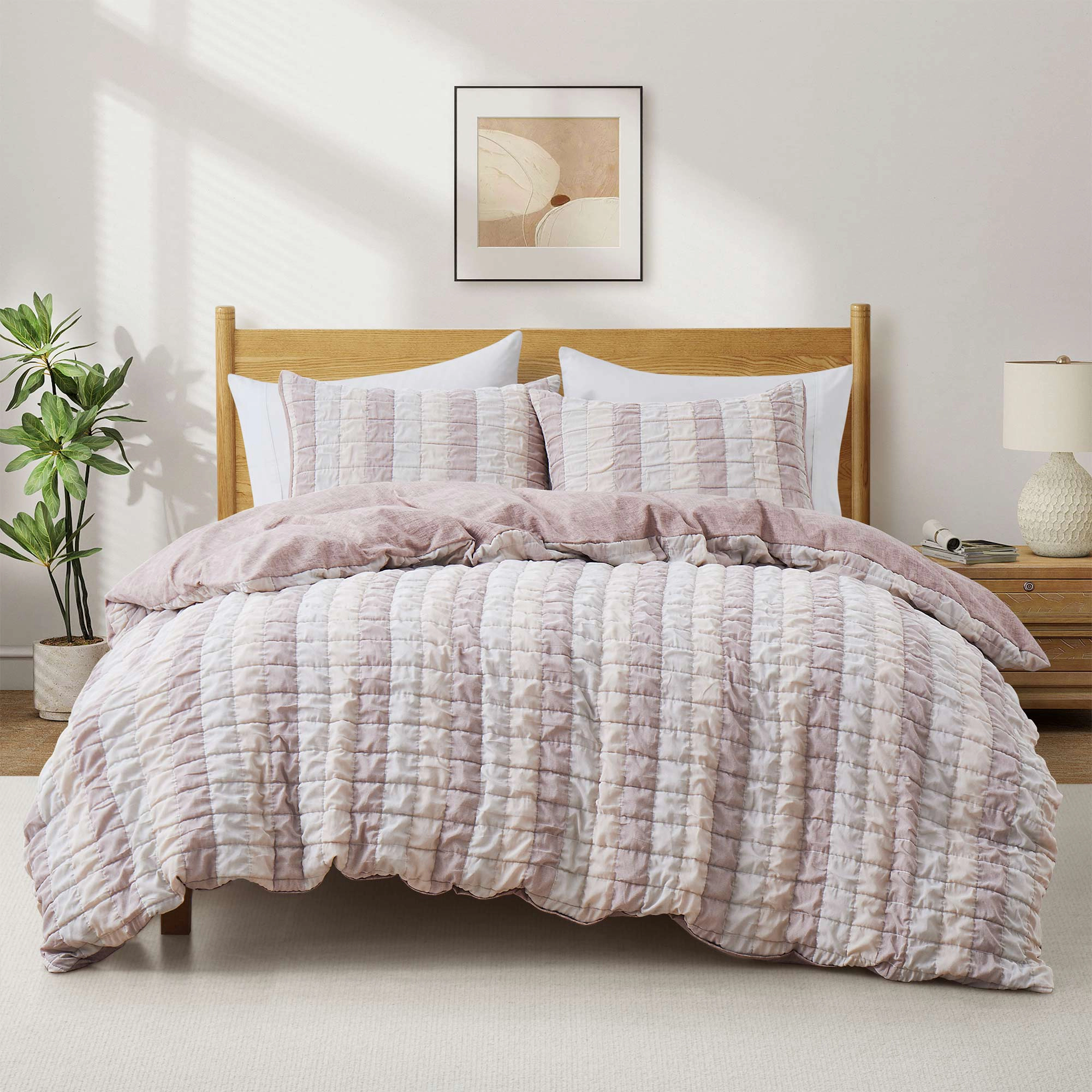 PEACENEST Ruched Grid Textured Duvet Cover Set, Soft Lightweight Bedding Set