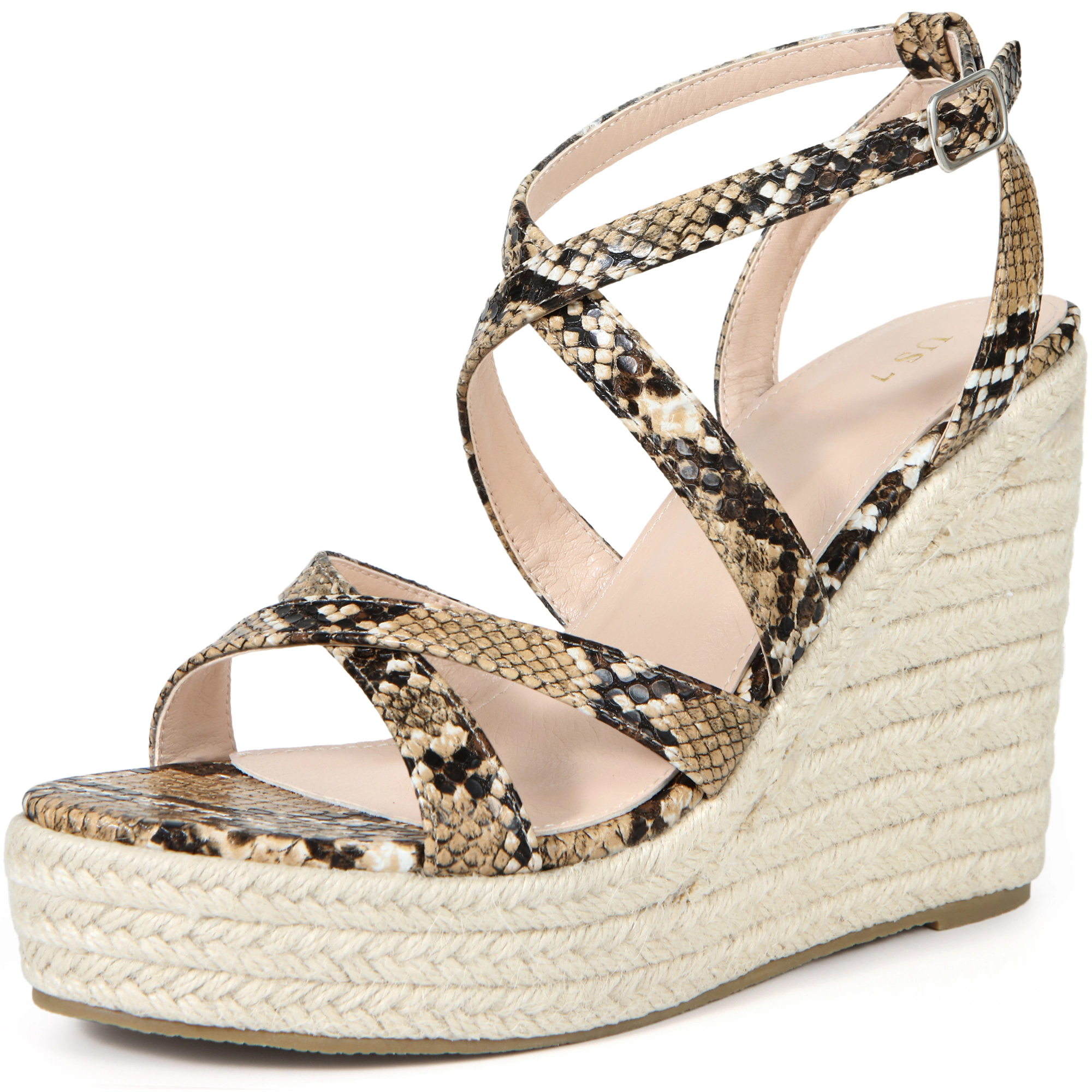 BLISSFUL STEP Women's Snake Print Strappy Platform Wedge Heel Espadrille Sandals