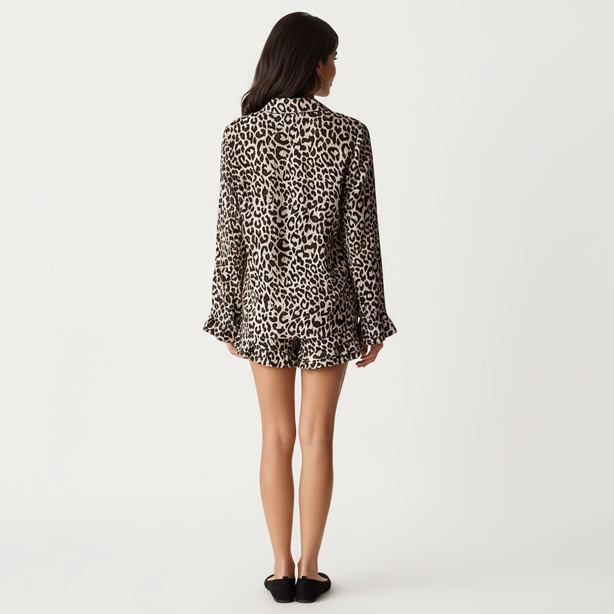 Anna-Kaci Women's Button Down Leopard Print Pajama Set with Ruffled Hem Shorts