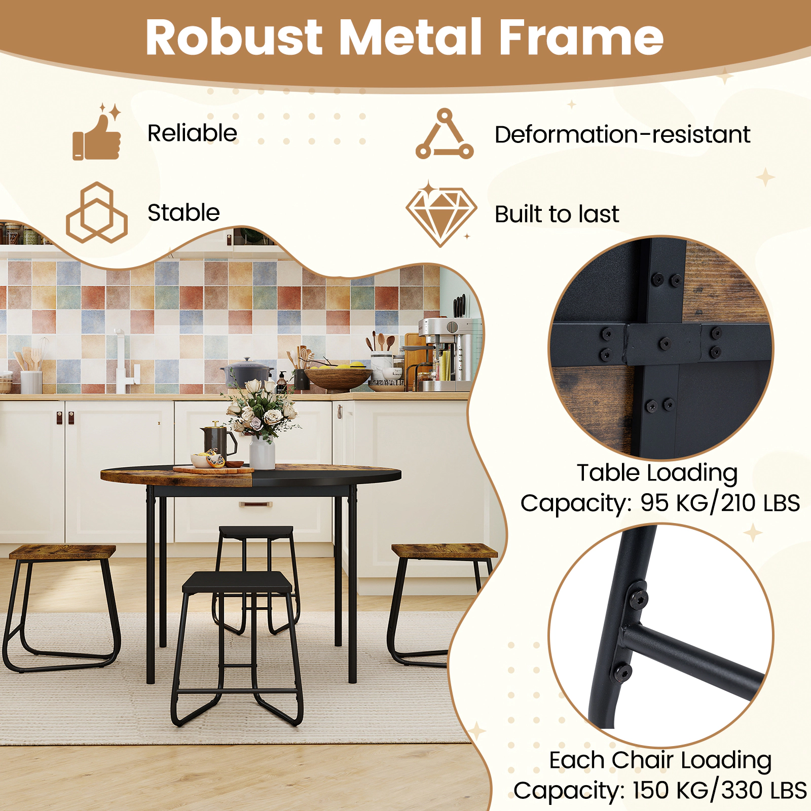 SUGIFT 5-Piece Round Dining Set with 47 x 30-in Table 210-lb Table 330-lb Stools for 4 Black and Brown