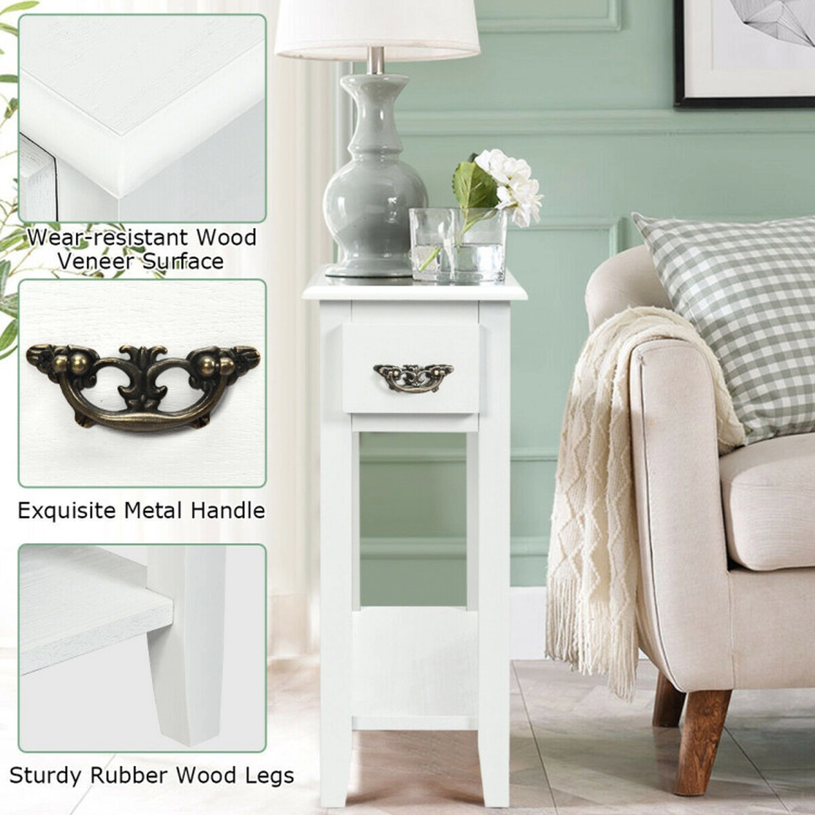 SUGIFT 2-Tier Sofa Side End Tables with Drawer and Open Shelf 110-Lb Tabletop Capacity as Photo Show