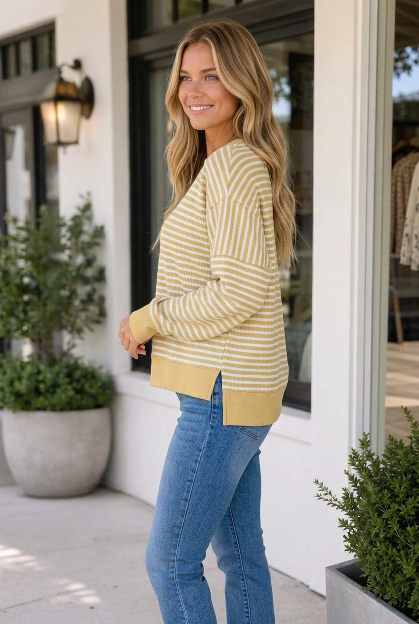 Threaded Pear Women's Lailah Block Trim Hem Long Sleeve Top