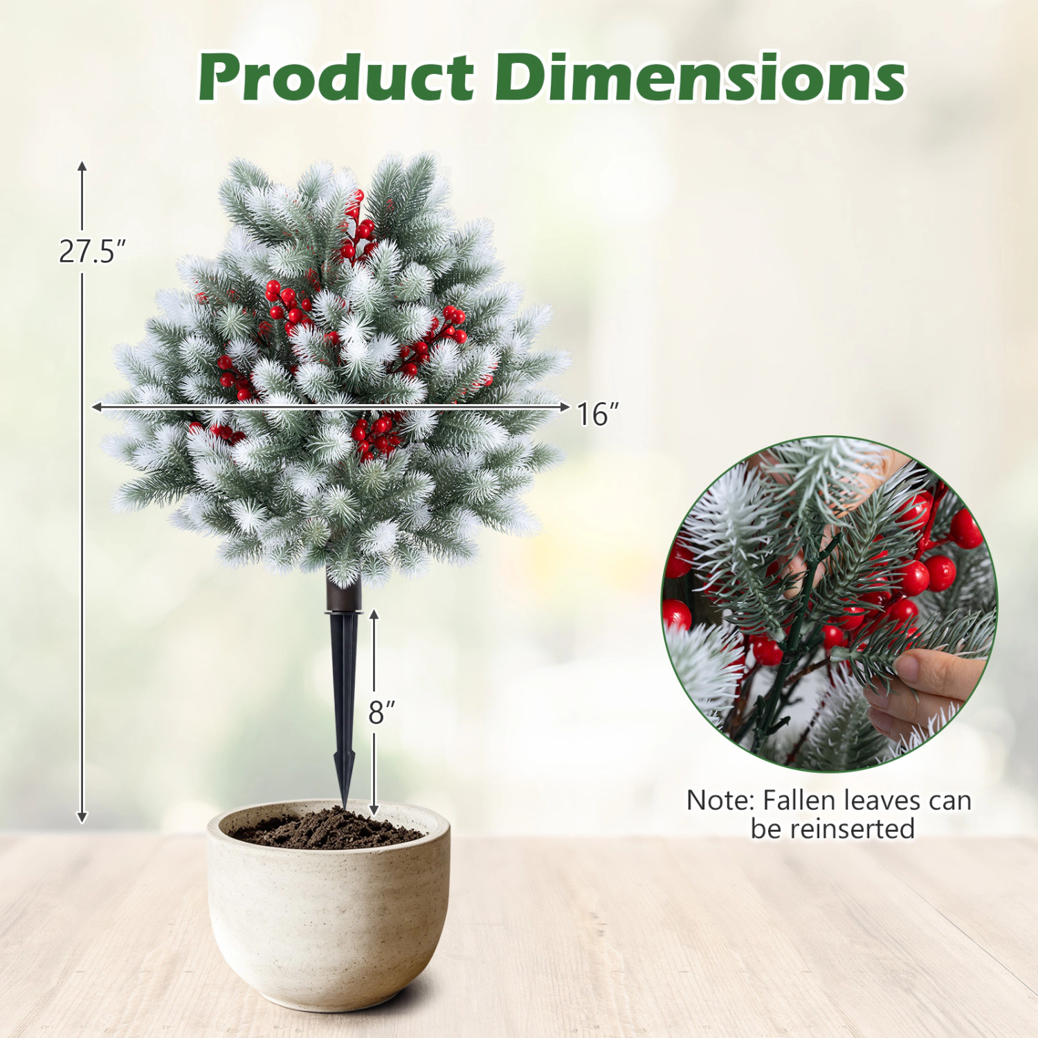 Slickblue Artificial Pine Needle Topiary Set 27.5in Red Berries Green White 2 Pack Ground Spike