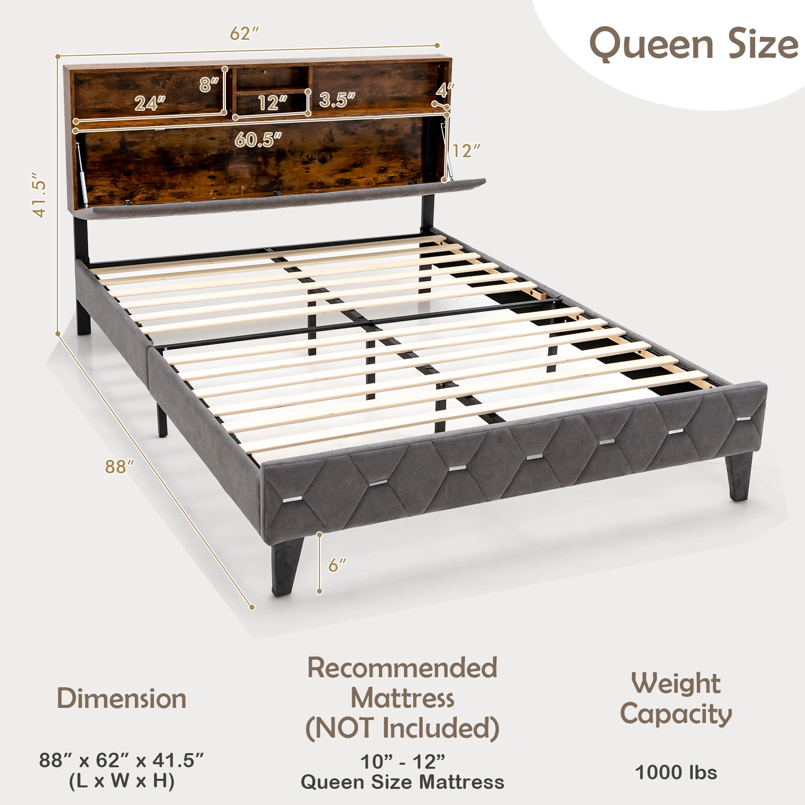 SUGIFT Queen Size Rustic Brown Upholstered Bed Frame with Flip-Up Storage Headboard 62-in W 1000-lb Frame