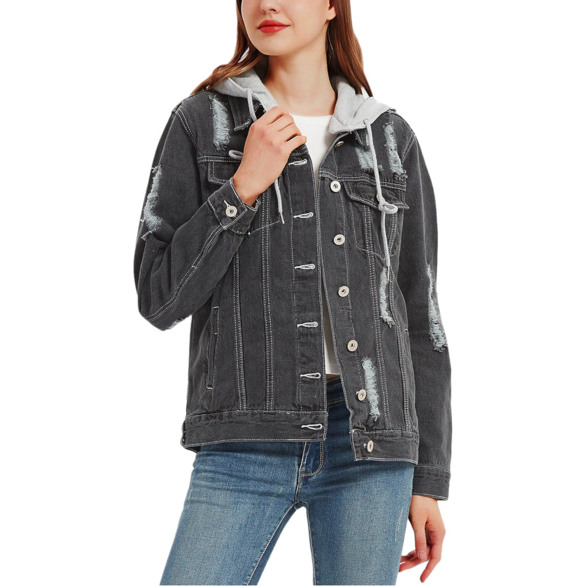 Anna-Kaci Women's Detachable Hoodie Denim Distressed Jean Jacket