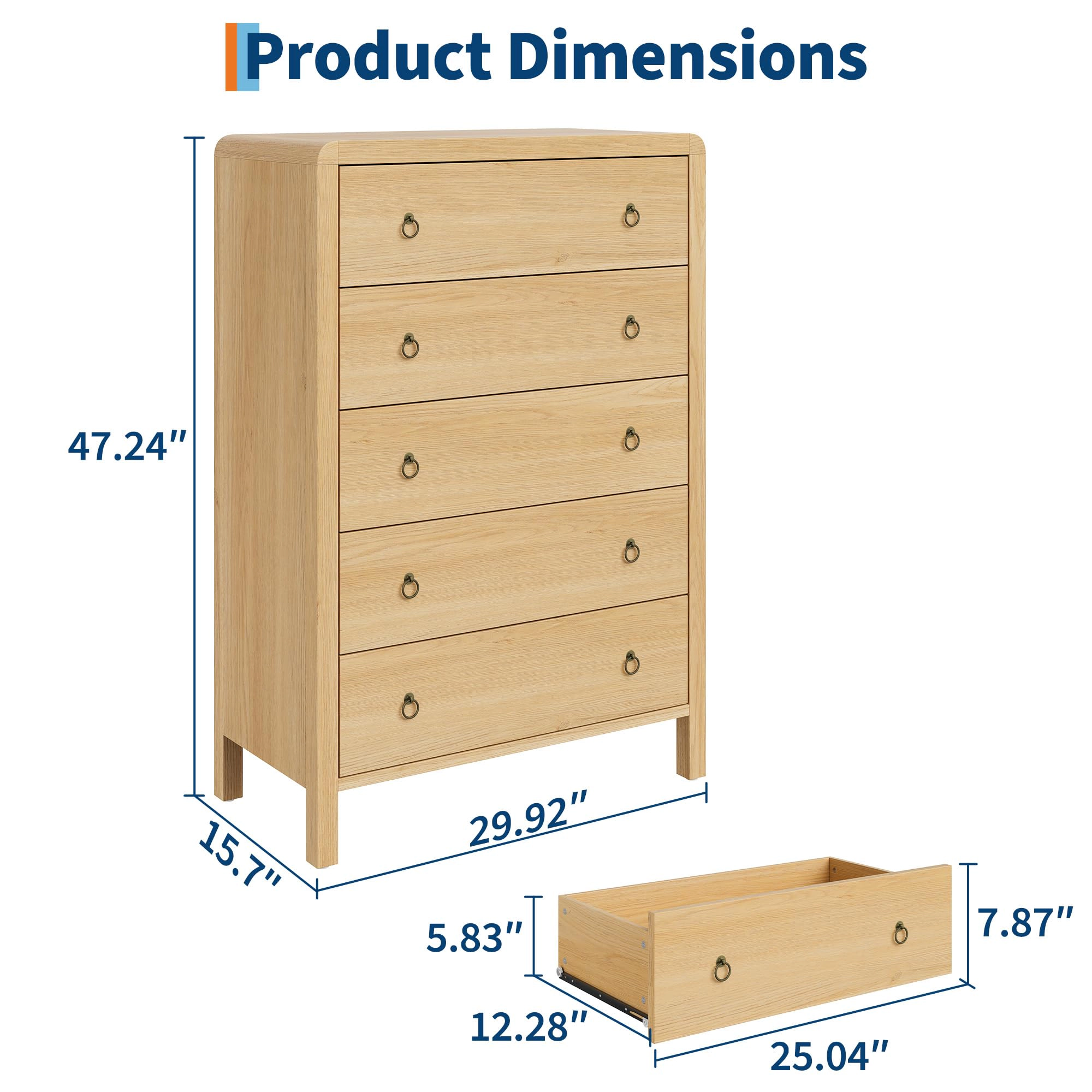 5 Drawer Dresser for Bedroom, 47" Tall Storage Cabinet, Nightstand with Large Clothes Organizer