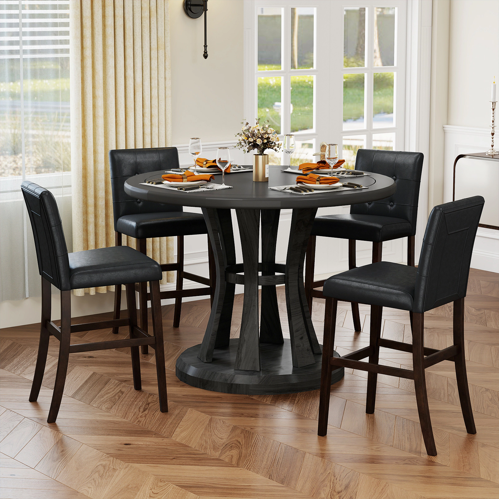 LJG Set of 2 PVC Leather Bar Stools with Solid Wood Legs