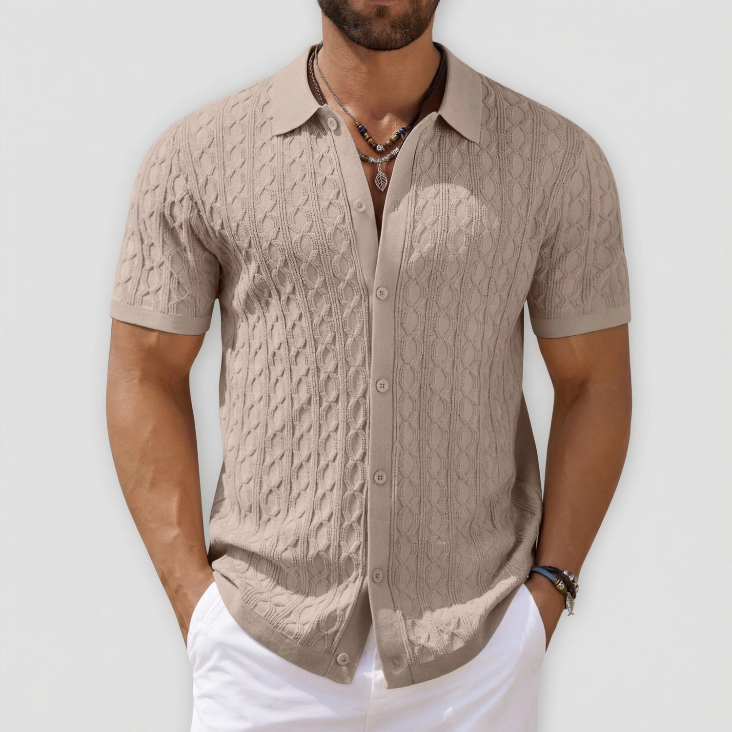 COOFANDY Mens Cable Knit Polo Shirt Short Sleeve Button Down Casual  Tops