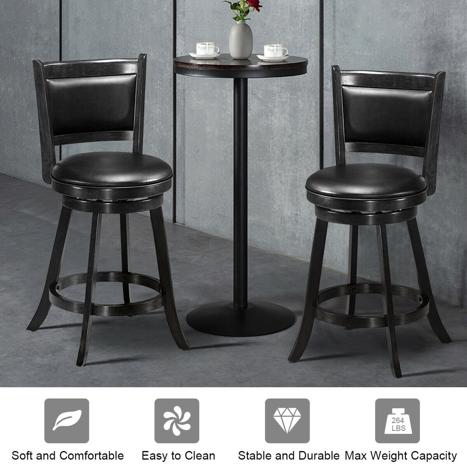 SUGIFT 2-Piece 24-in Swivel Counter Stool Set 264-lb Capacity Rubber Wood Frame Upholstered Seat Panel Back Black
