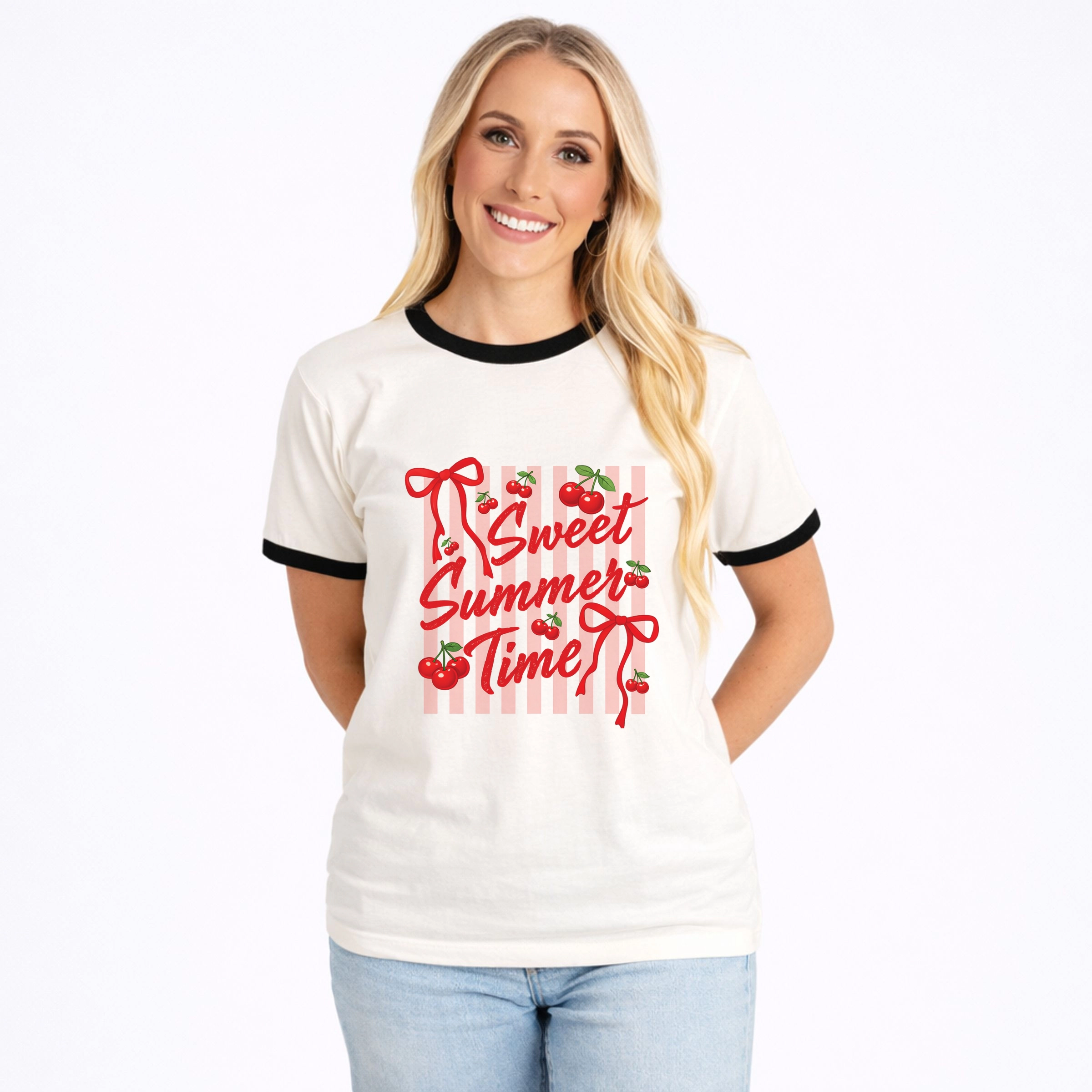 Simply Sage Market Sweet Summer Time Cherries Coquette - Women's Ringer Graphic T-Shirt