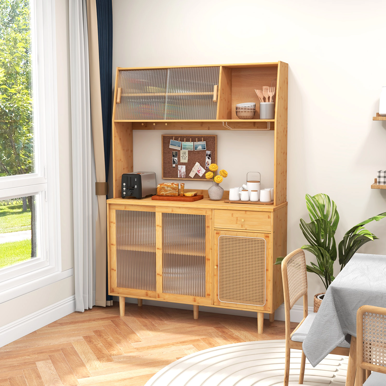 SUGIFT 69-in Bamboo Sliding Glass Doors Rattan Door Wine Bar Kitchen Cabinet 47-in x 14-in 110-lb Capacity Natural