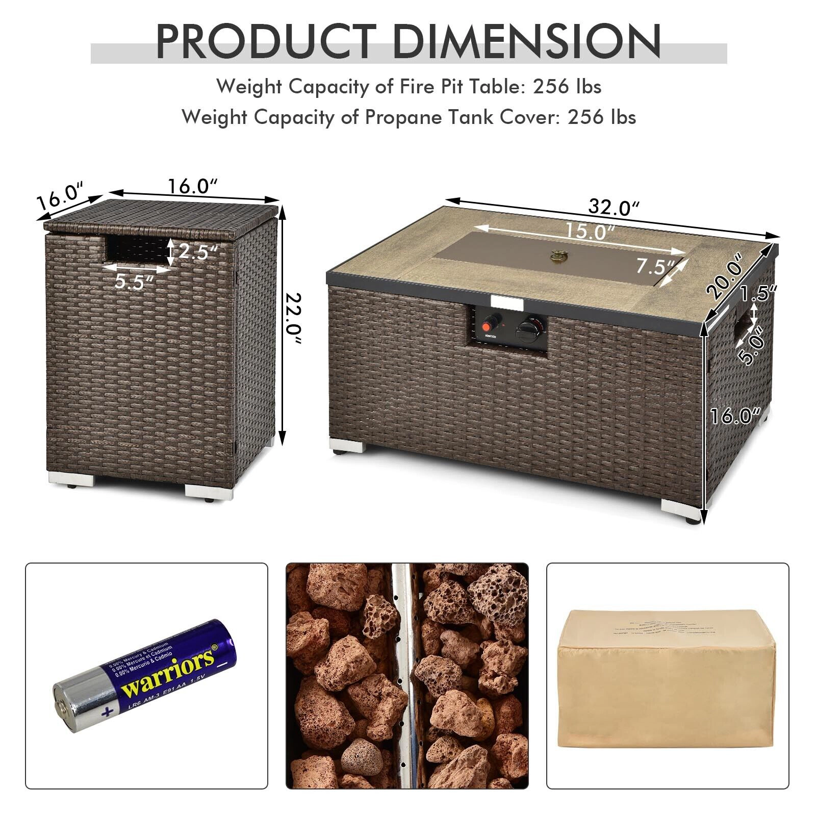 SUGIFT Brown Rattan Propane Fire Pit Table Set with Tank Holder 32-in W 20-in D 16-in H 256-lb Tabletop Capacity