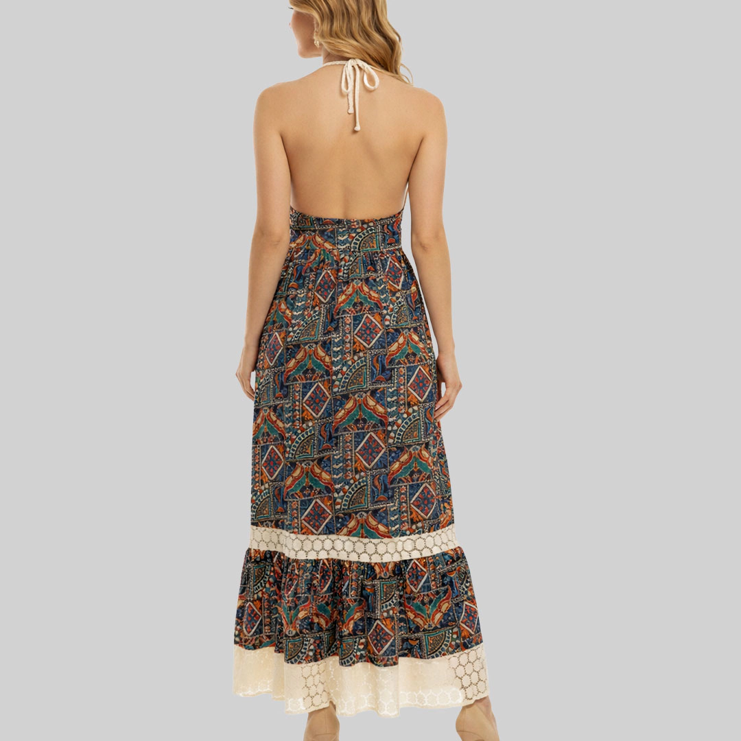 Artyska Women’s Halter Neck Printed Lace Bodice & Tiered Hem Maxi Dress