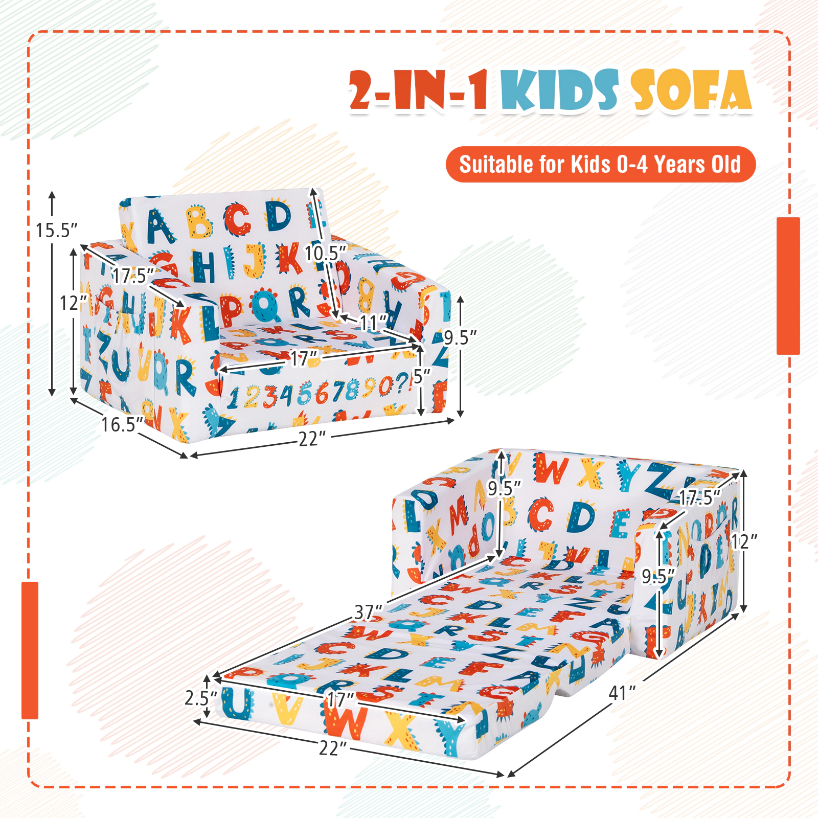 SUGIFT 2-in-1 Convertible Kids Sofa Sleeper 66-lb Capacity Ages 0-4 Multicolor