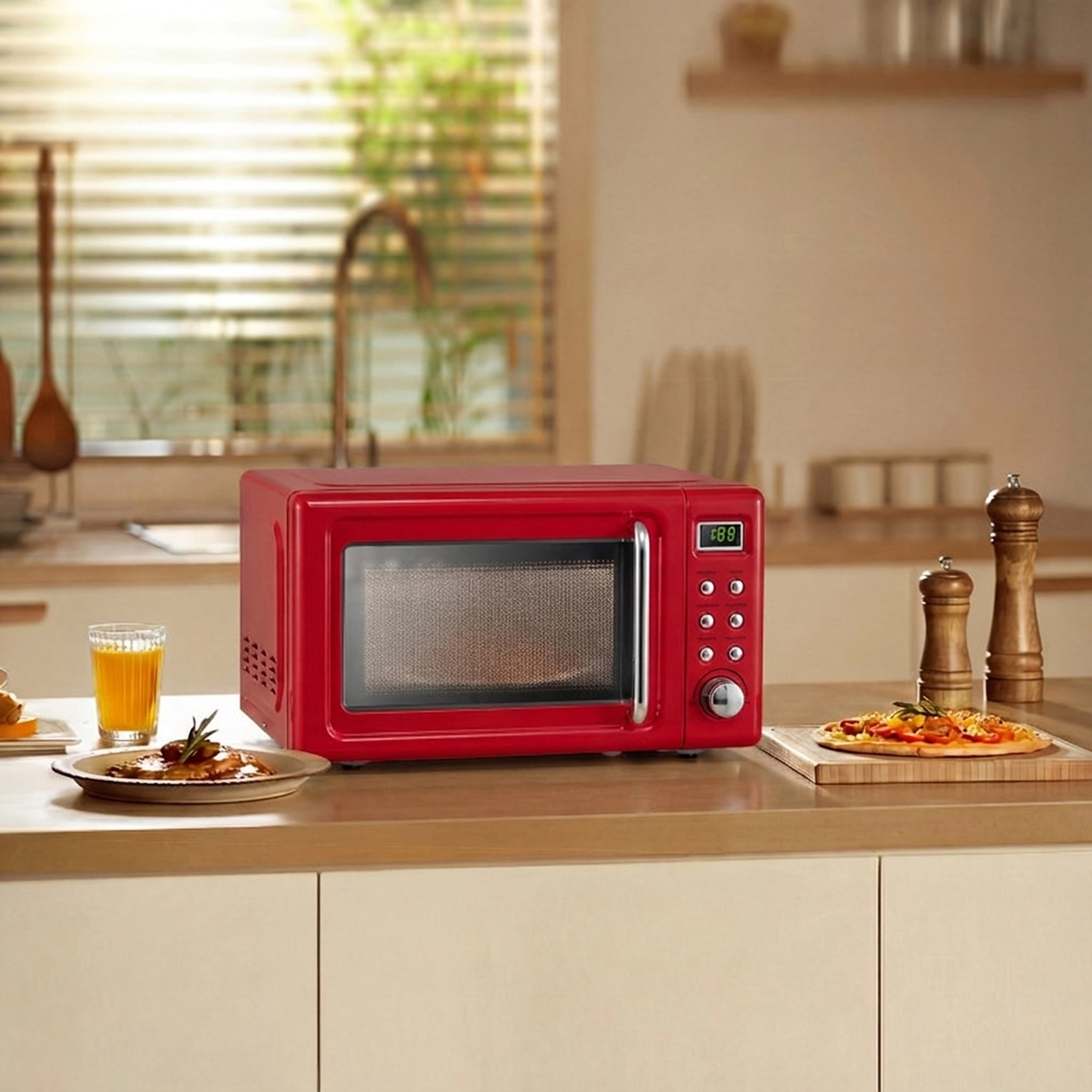 SUGIFT Red Retro Countertop Microwave Oven with LED Display and 6 Cooking Buttons 0.7-Cu-Ft 700W 18-in W 14-in D