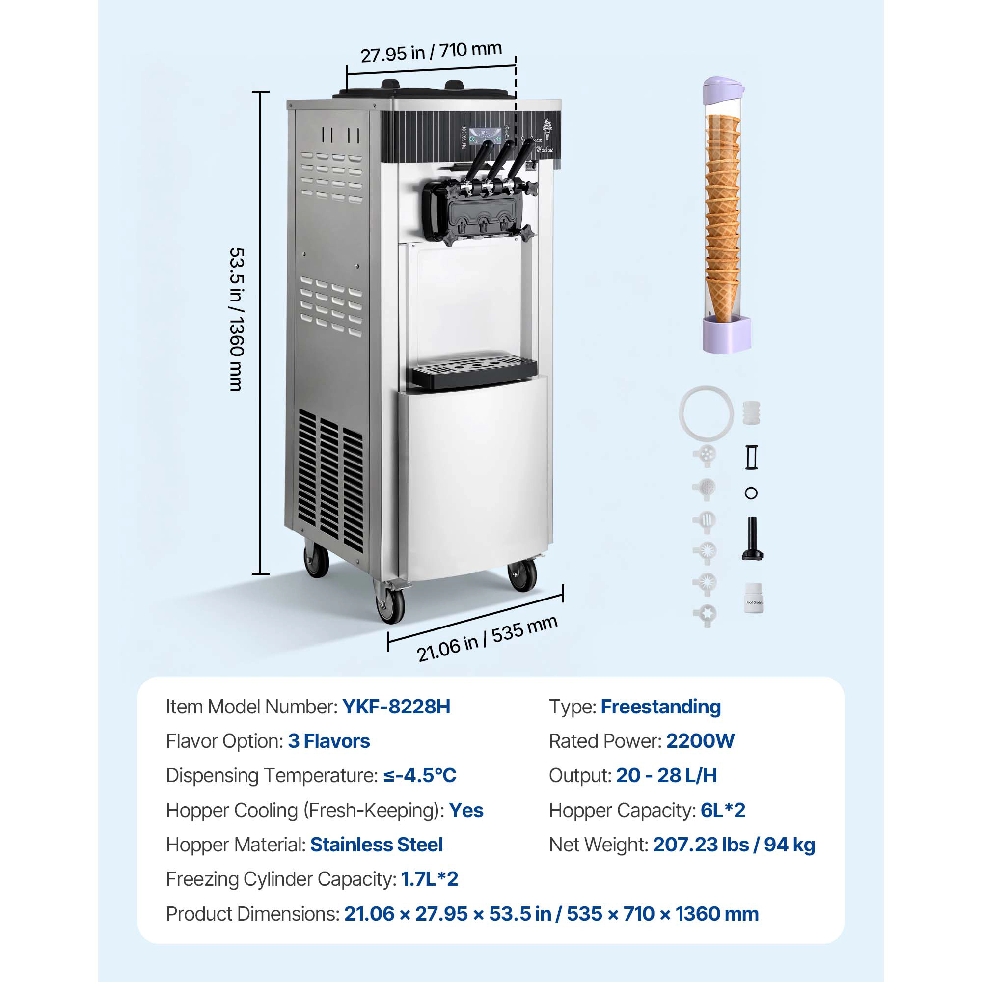 HONGGE Commercial Ice Cream Machine 20-28L/H Yield, 2200W