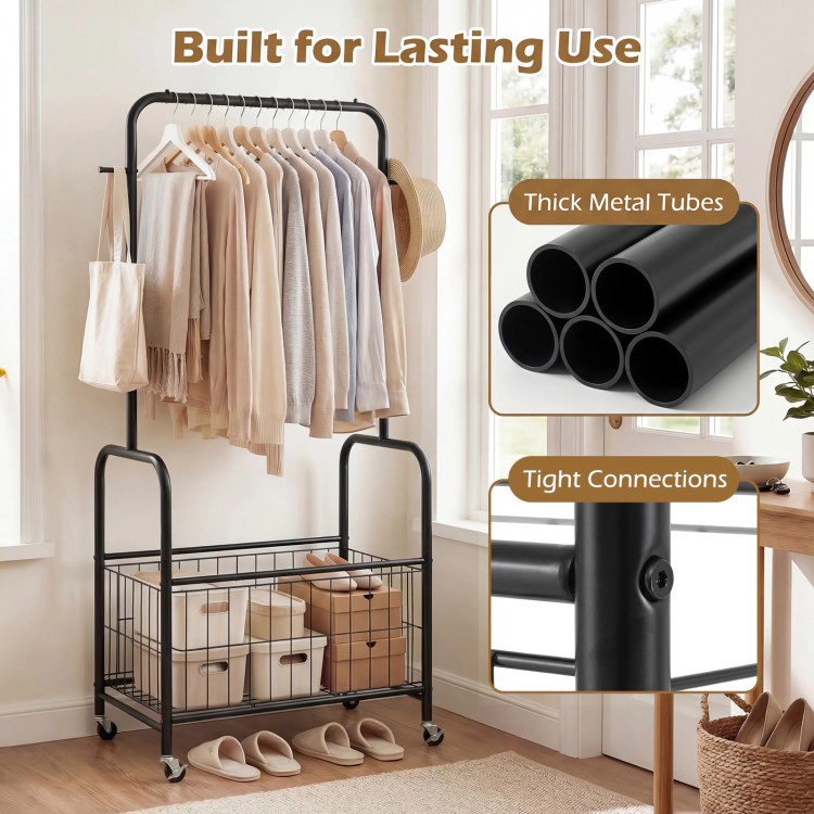 Hivvago Rolling Metal Clothes Rack with Hanging Rod and Storage Basket