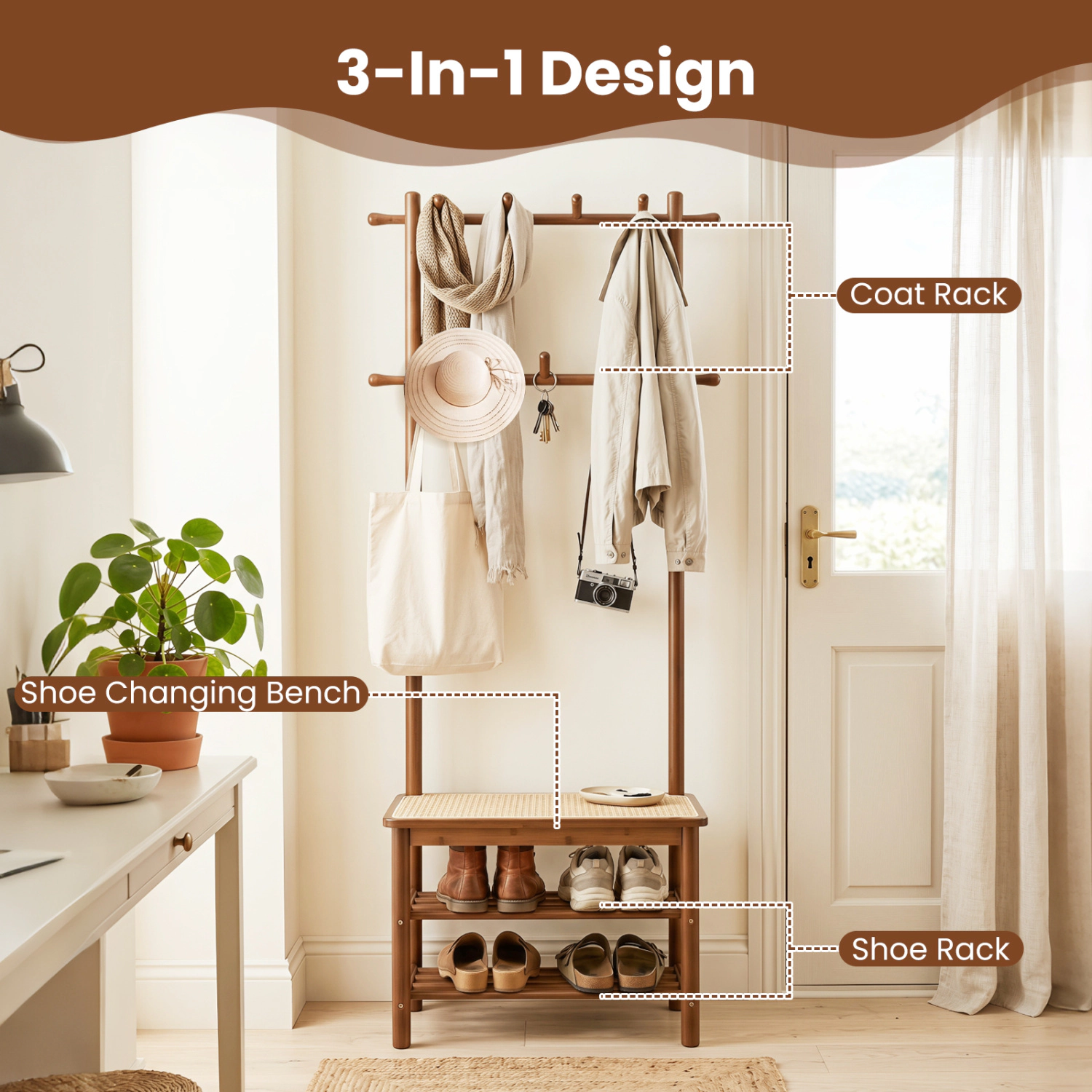 Glintex 3-in-1 Bamboo Hall Tree with 11 Rounded Hooks and PE Rattan Panels