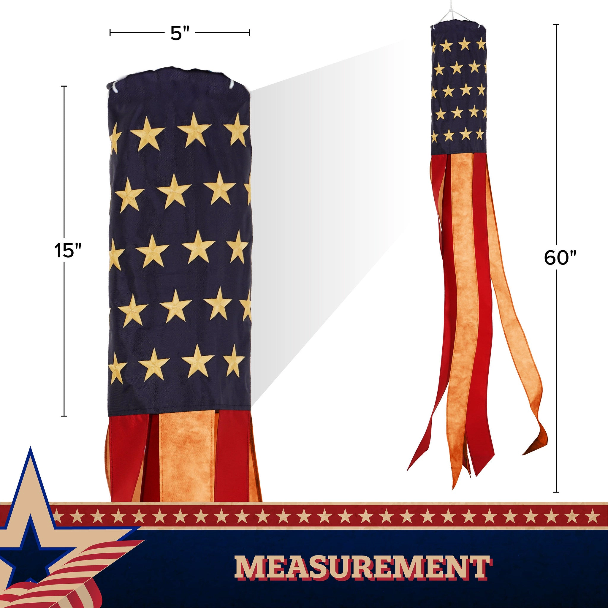 G128 2-Pack Tea-Stained 60" Embroidered Windsock - 420D Polyester, Brass Grommets, Indoor/Outdoor