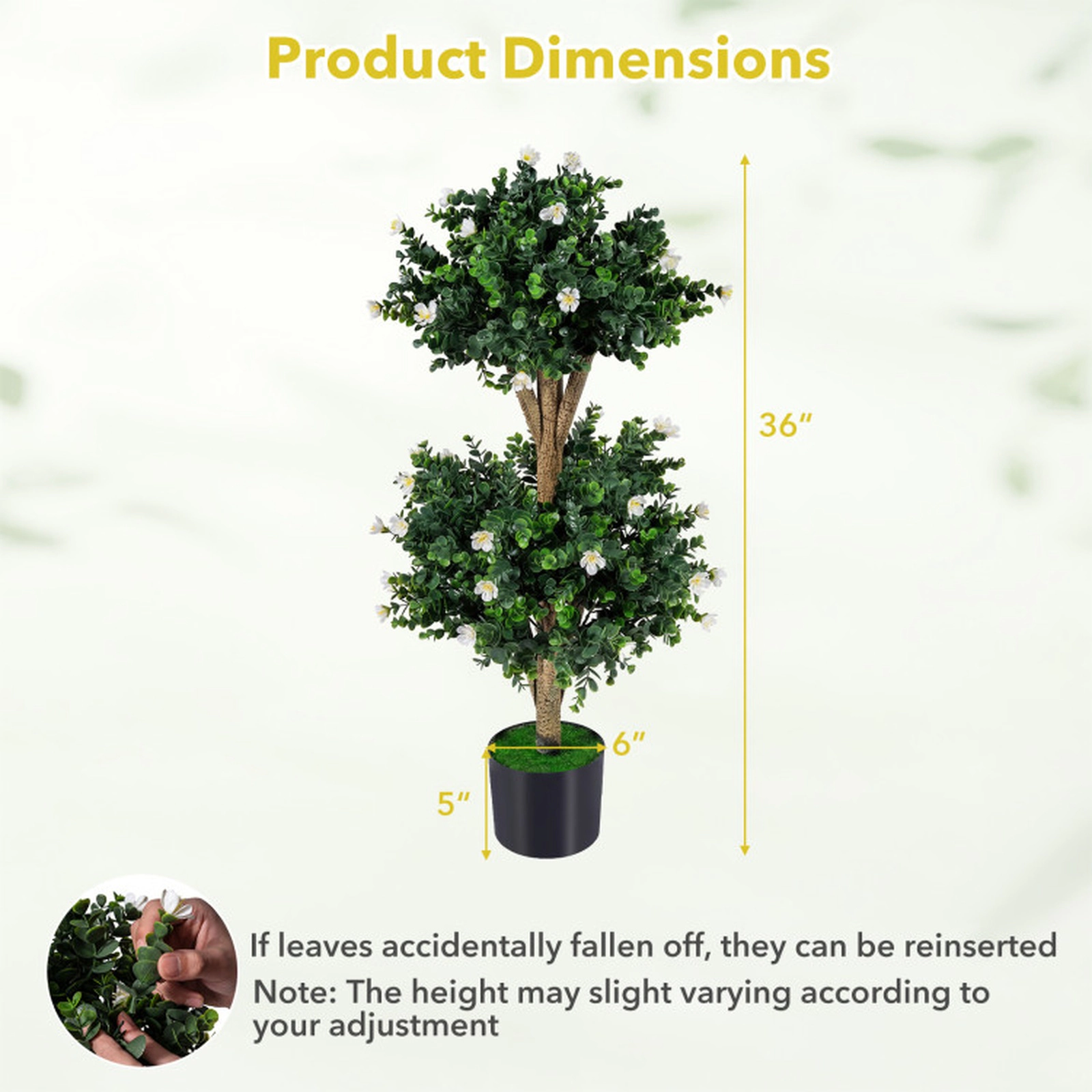 SUGIFT Set of 2 36-in Artificial Double Ball Boxwood Topiary Trees with 41 White Blossoms and Pots
