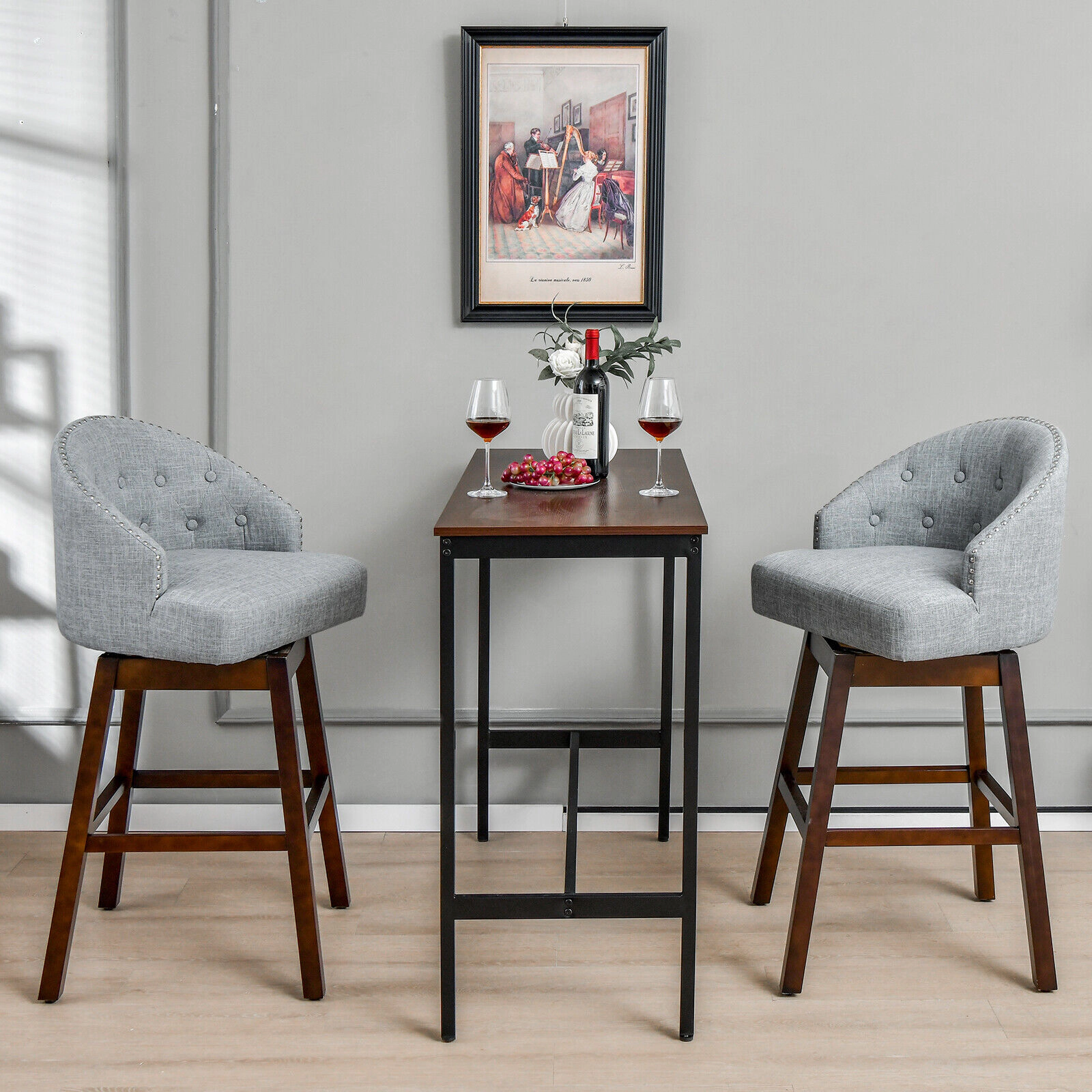 Glintex 2-Piece 31-Inch Swivel Bar Stool Set with Tufted Linen Back, Gray & Walnut