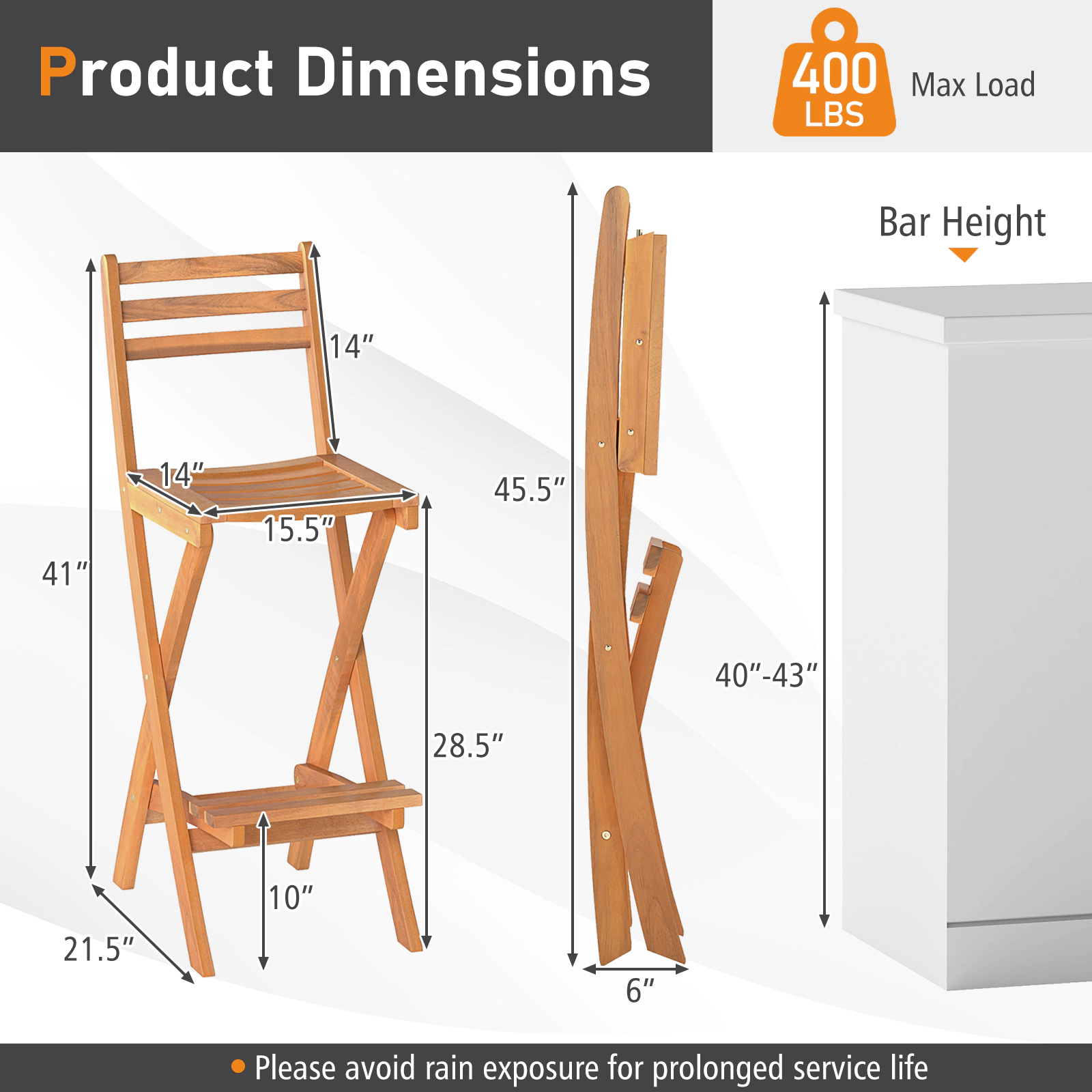 SUGIFT Folding Bar Height Patio Chair with Backrest and Footrest 400-lb Capacity Natural