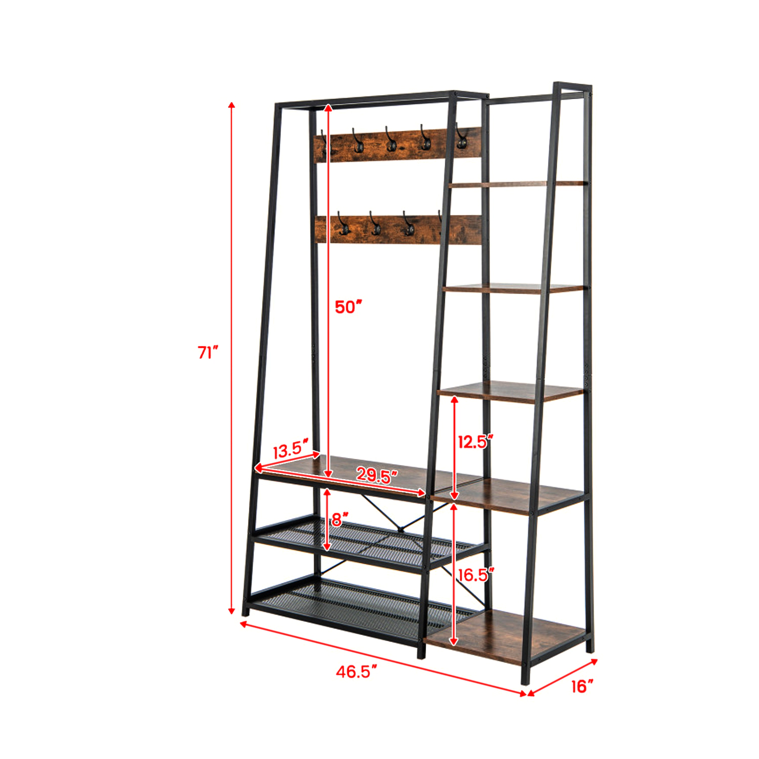 Hivvago Hallway Storage Bench Tree with 9 Hooks and 5-Way Organization System
