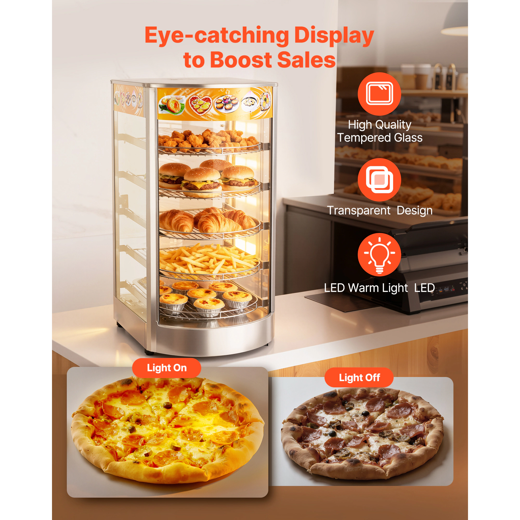 HONGGE Commercial Food Warmer Display 800W Food Display Warmer with LED Light Adjustable Shelf and Stainless Steel