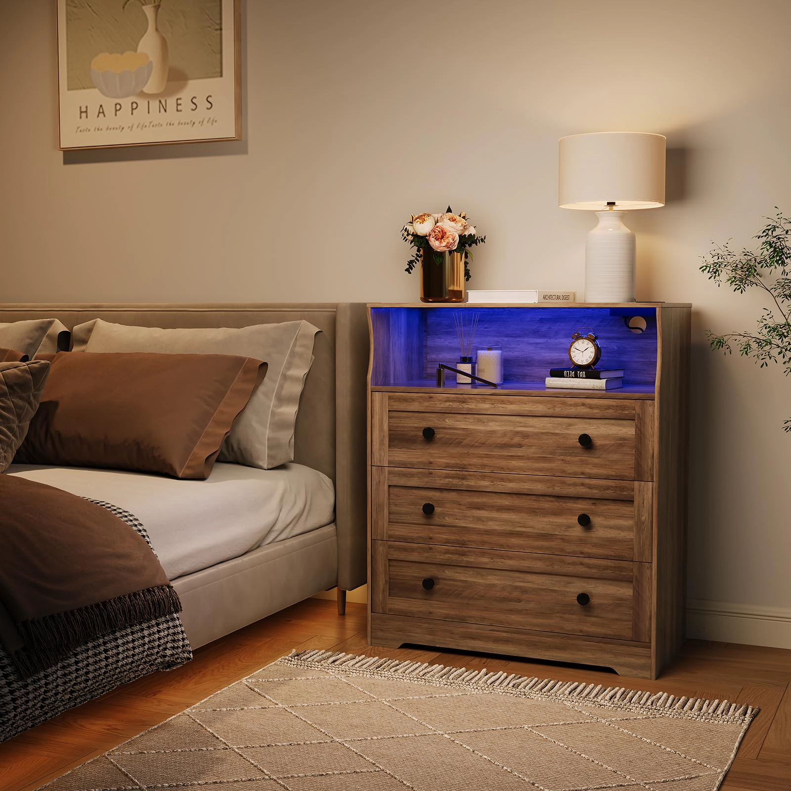37.2" 3 Drawer Dresser with LED Lights & Charging Station, Wood Storage Chest Open Shelf