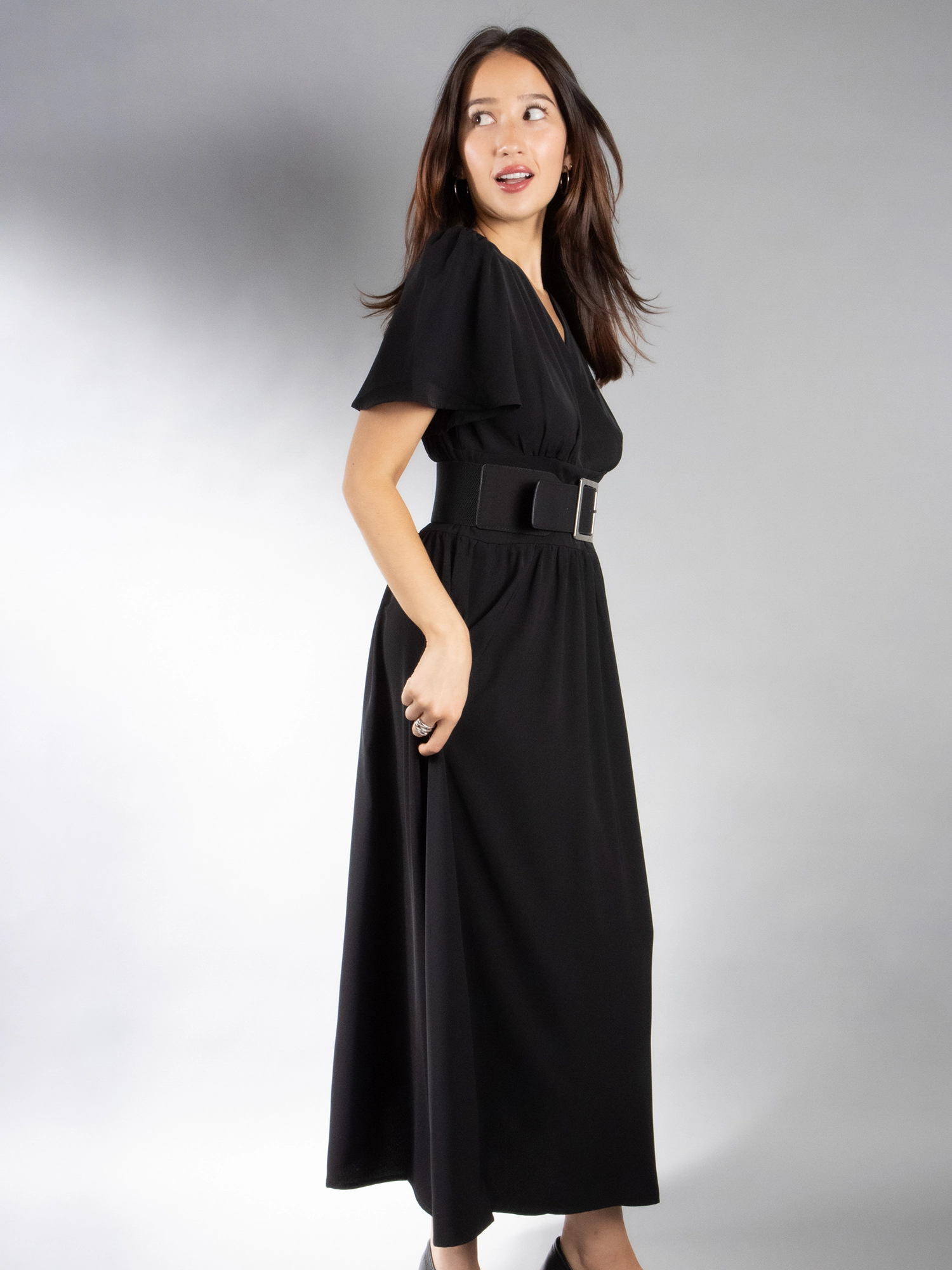 JESS by Meiko Women's Flutter Sleeve Waistband Midi Dress